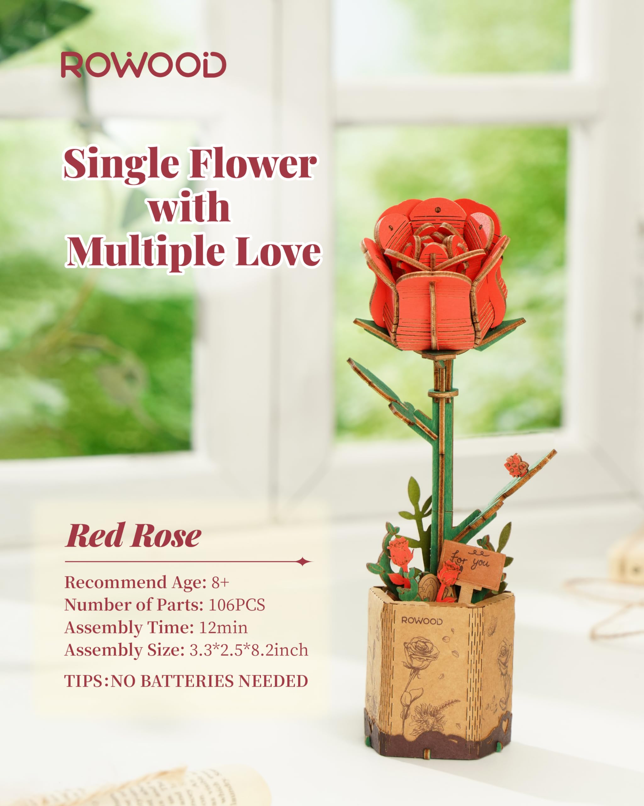 Foto 4 pulgar | Puzzle 3d Flor De Madera Rowood Artificial Flower Tw042 Red Ro - Venta Internacional.