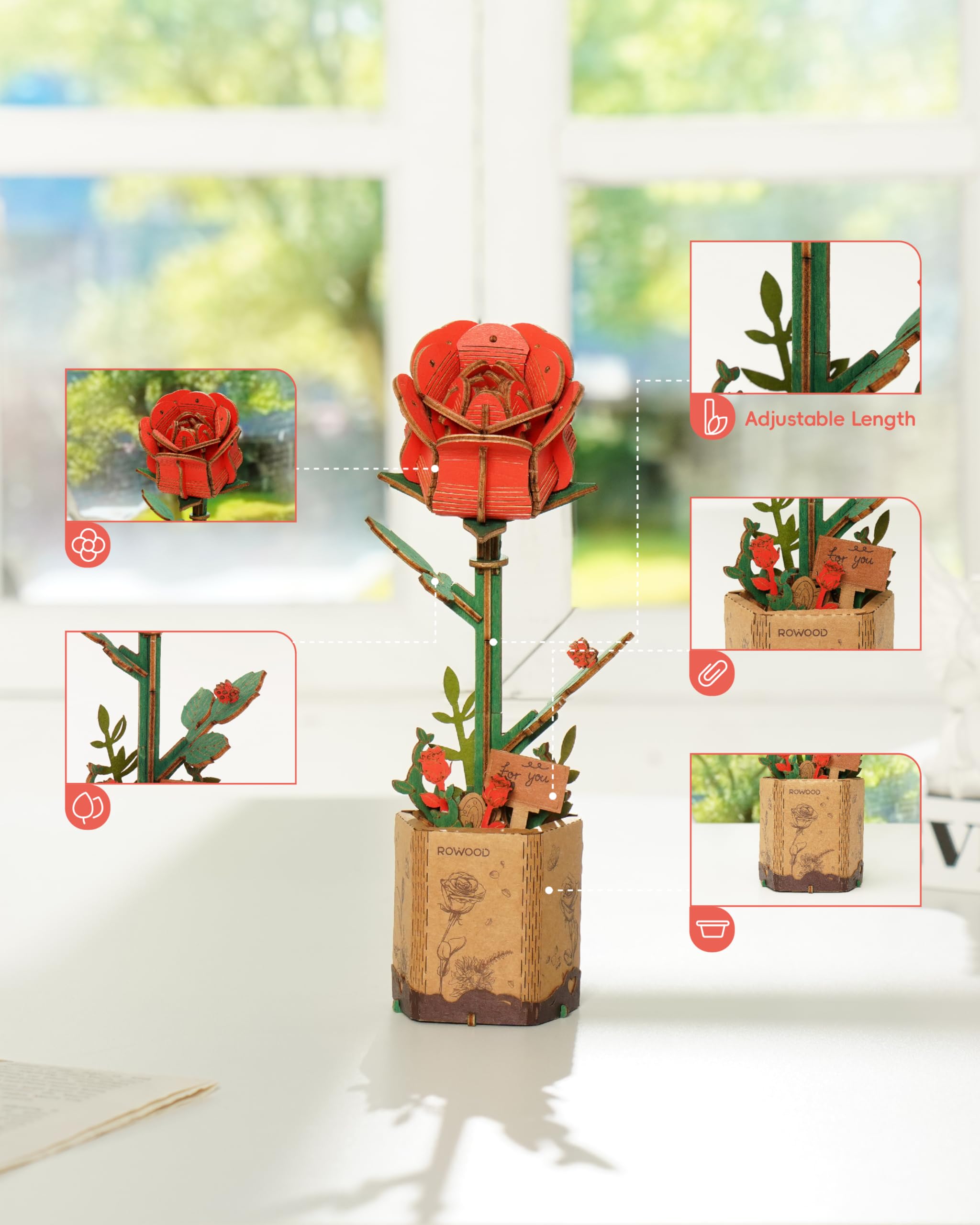 Foto 4 | Puzzle 3d Flor De Madera Rowood Artificial Flower Tw042 Red Ro - Venta Internacional.
