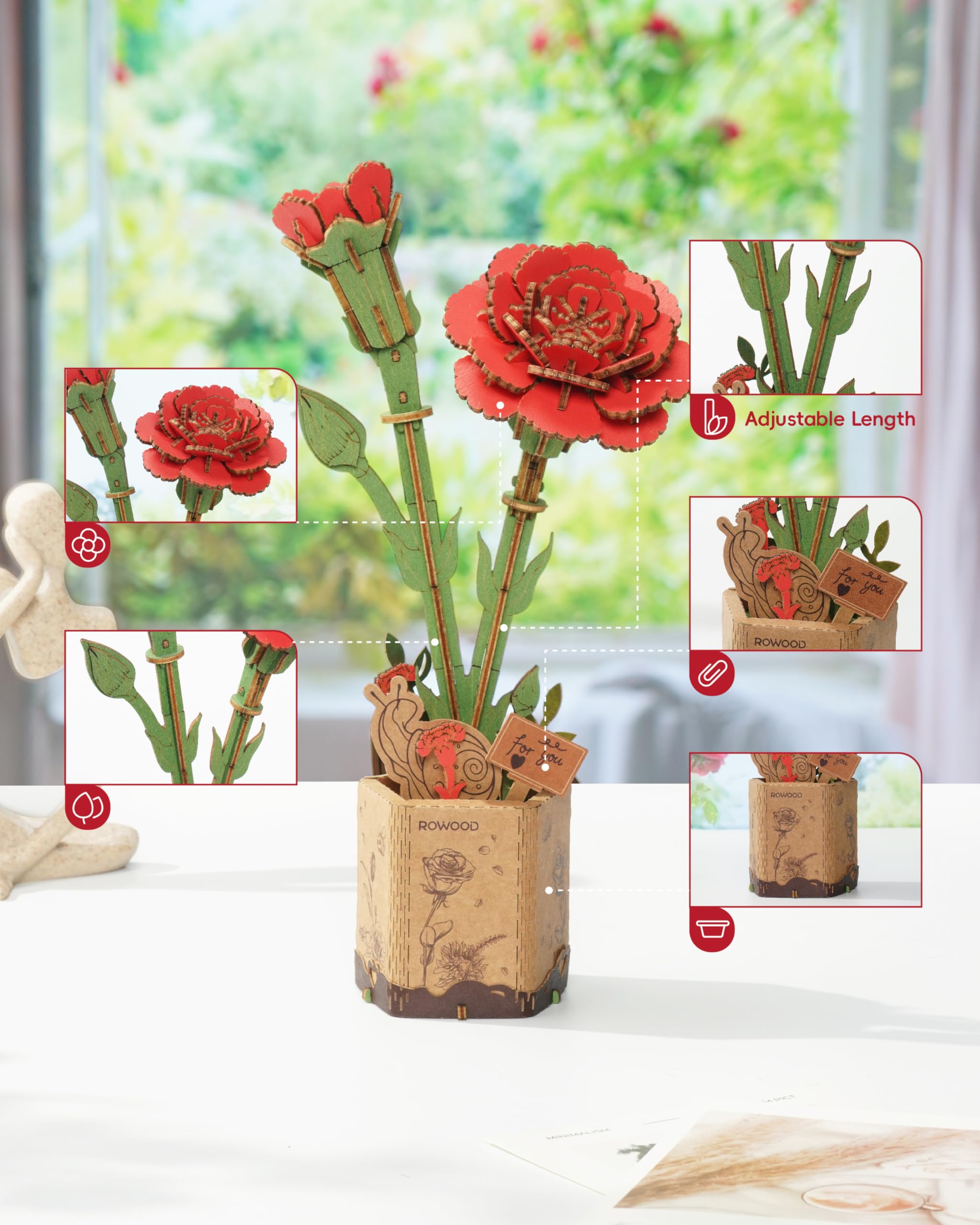 Foto 5 pulgar | Puzle 3d, Flor De Madera, Flor Artificial De Rowood, Clavel Rojo - Venta Internacional.