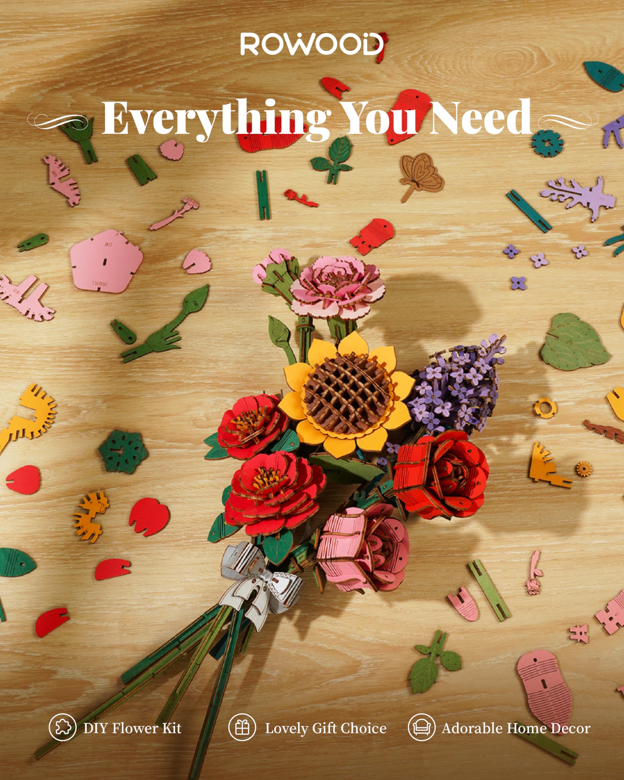 Foto 5 | Puzle 3d, Flor De Madera, Flor Artificial De Rowood, Clavel Rojo - Venta Internacional.