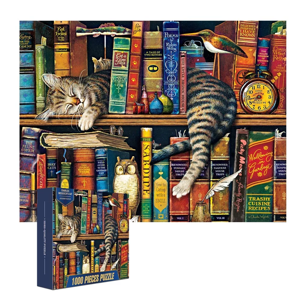 Foto 1 | Rompecabezas De 70 X 50 Cm De Gato Y Libros, 1000 Piezas Gato Libros