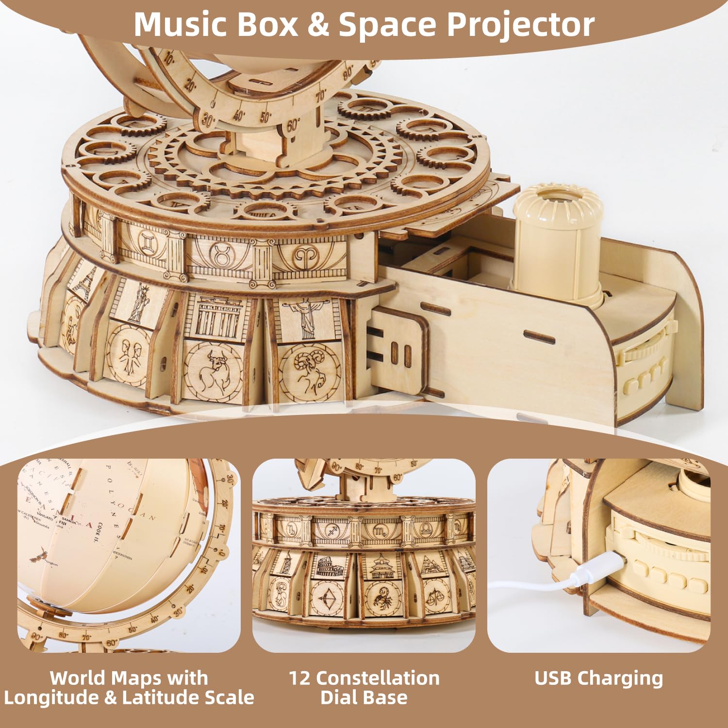 Foto 3 pulgar | Puzzle de Madera Miebely 3d Globe con Caja de Música Y Proyector Espacial - Venta Internacional