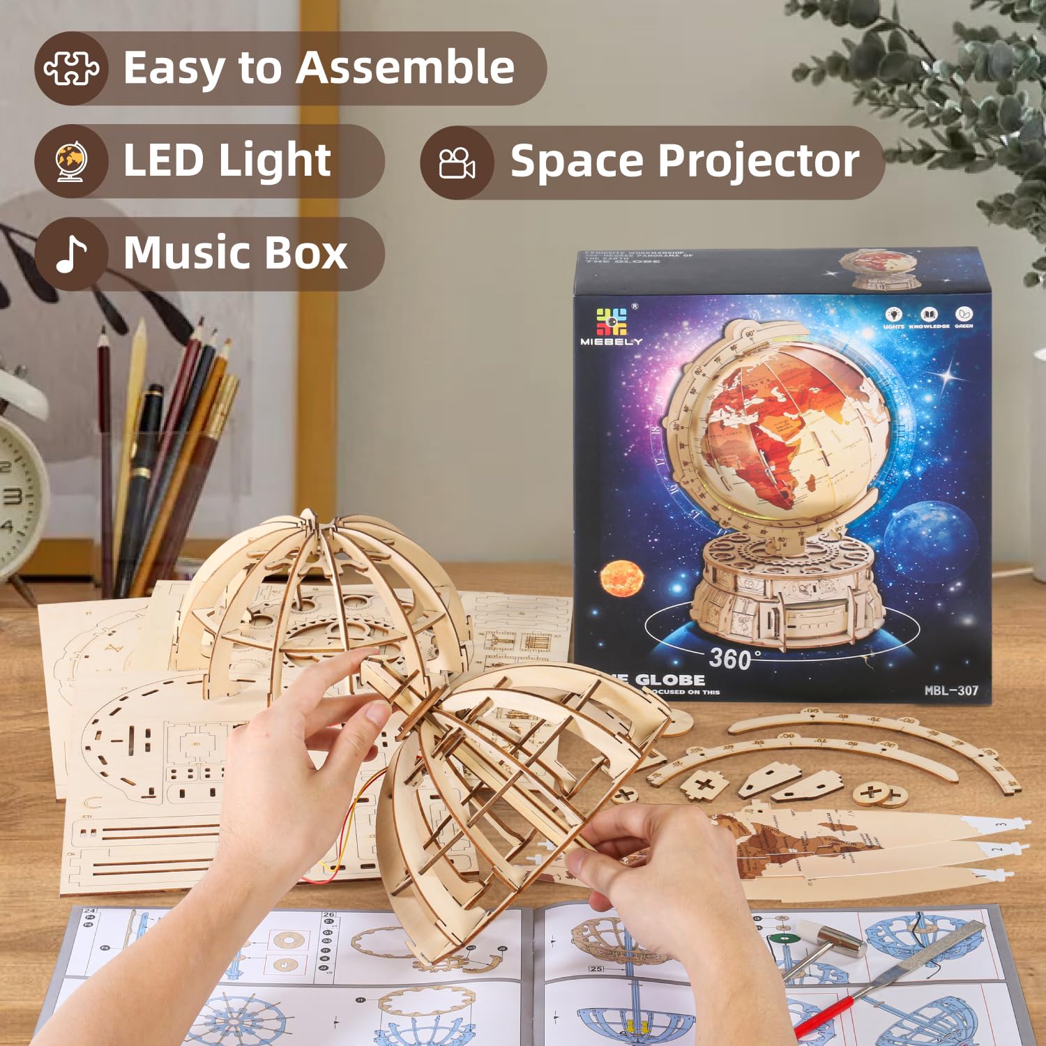 Foto 4 pulgar | Rompecabezas de Madera MIEBELY 3D Globe con Caja de Música y Proyector Espacial - Venta Internacional