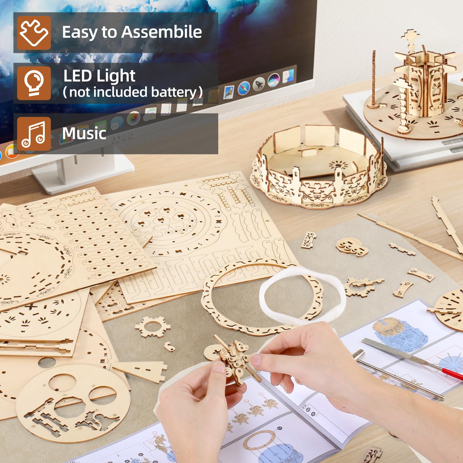 Foto 6 pulgar | Puzles De Madera 3d Miebely Led Carrusel, Caja De Música Para Adultos Y Niños - Venta Internacional.