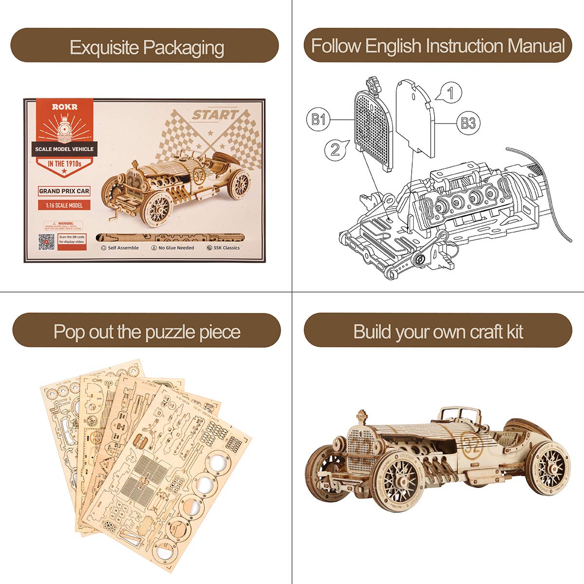 Foto 4 | Puzzle De Madera 3d Rokr Mechanical Car Model Grand Prix 1:16 - Venta Internacional.