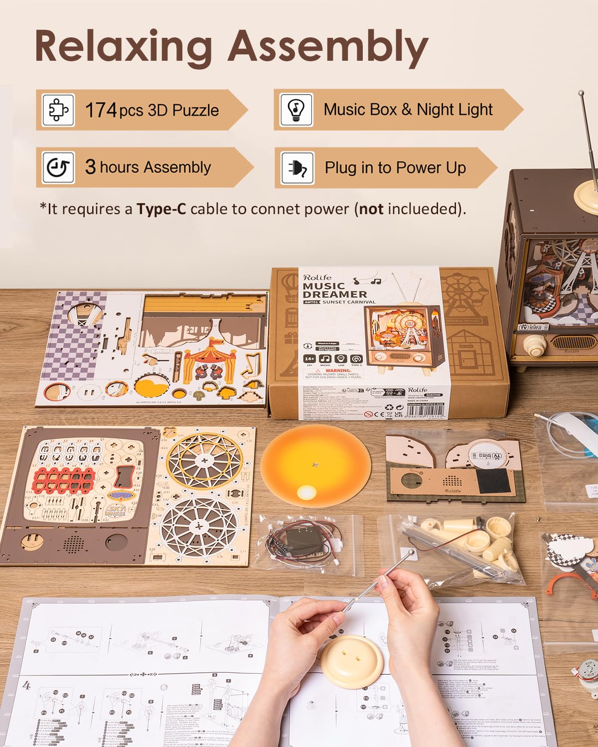 Foto 5 | Puzzle De Madera 3d, Caja De Música, Libro, Rincón, Noria, Puesta De Sol - Venta Internacional.