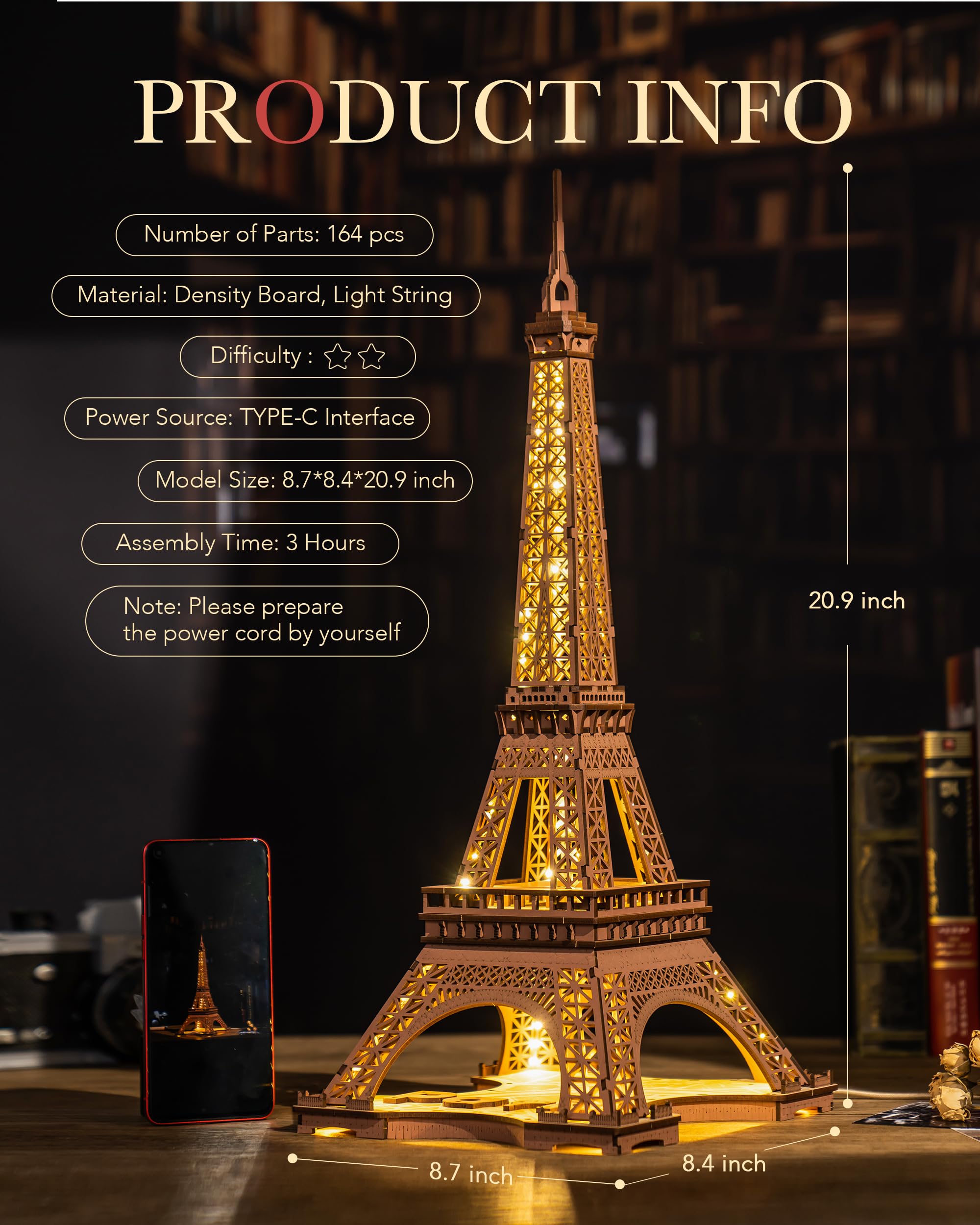 Foto 4 | Kit De Maquetas De Rompecabezas 3d Rowood De La Torre Eiffel Con Led Para Adultos - Venta Internacional.