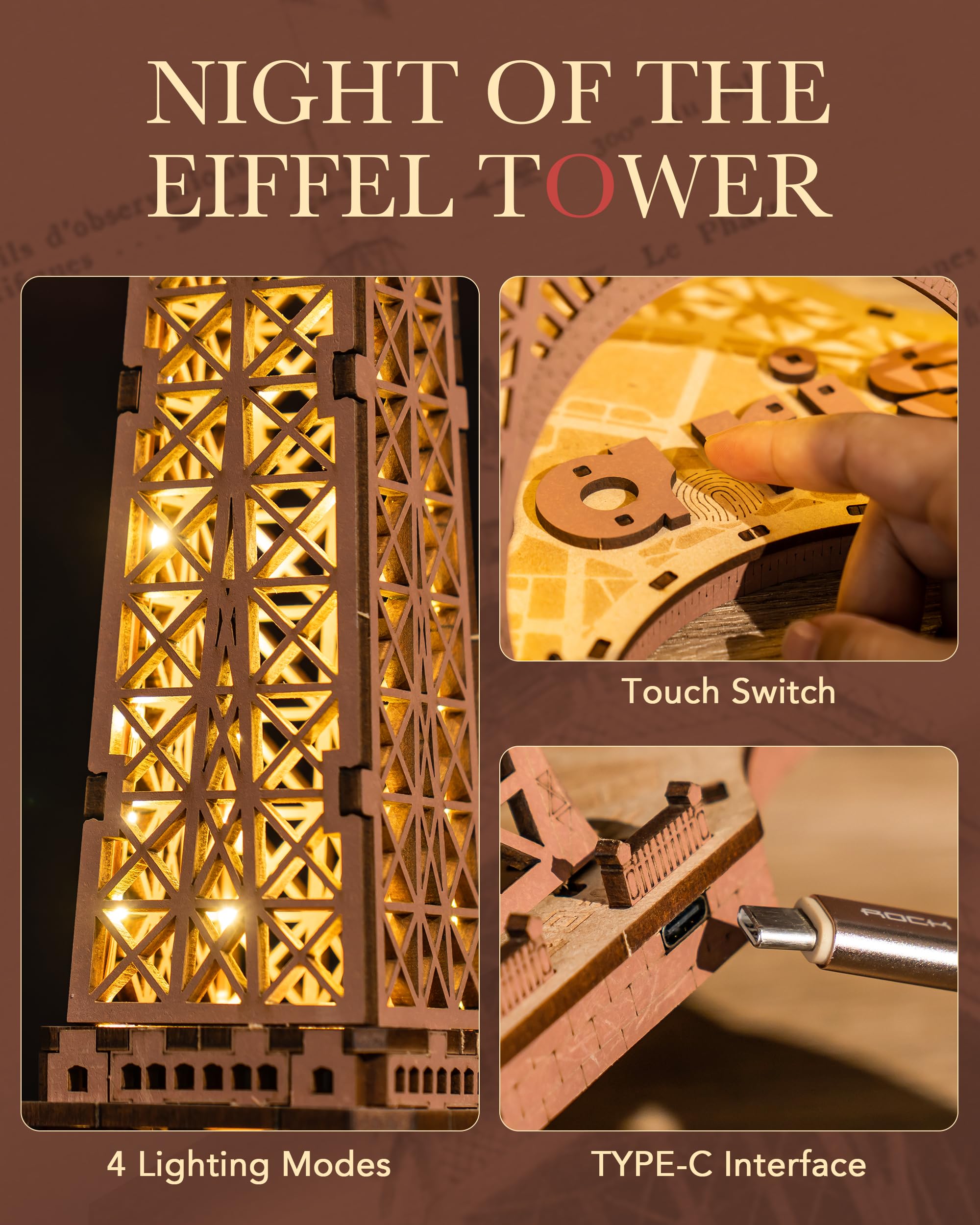 Foto 7 | Kit De Maquetas De Rompecabezas 3d Rowood De La Torre Eiffel Con Led Para Adultos - Venta Internacional.