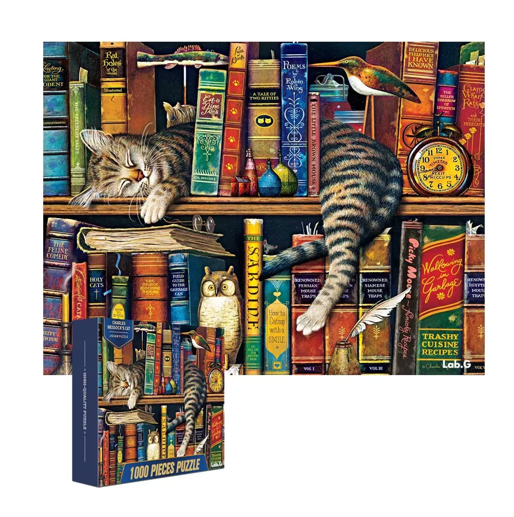 Rompecabezas De 70 X 50 Cm De Gato Y Libros, 1000 Piezas Gato Libros