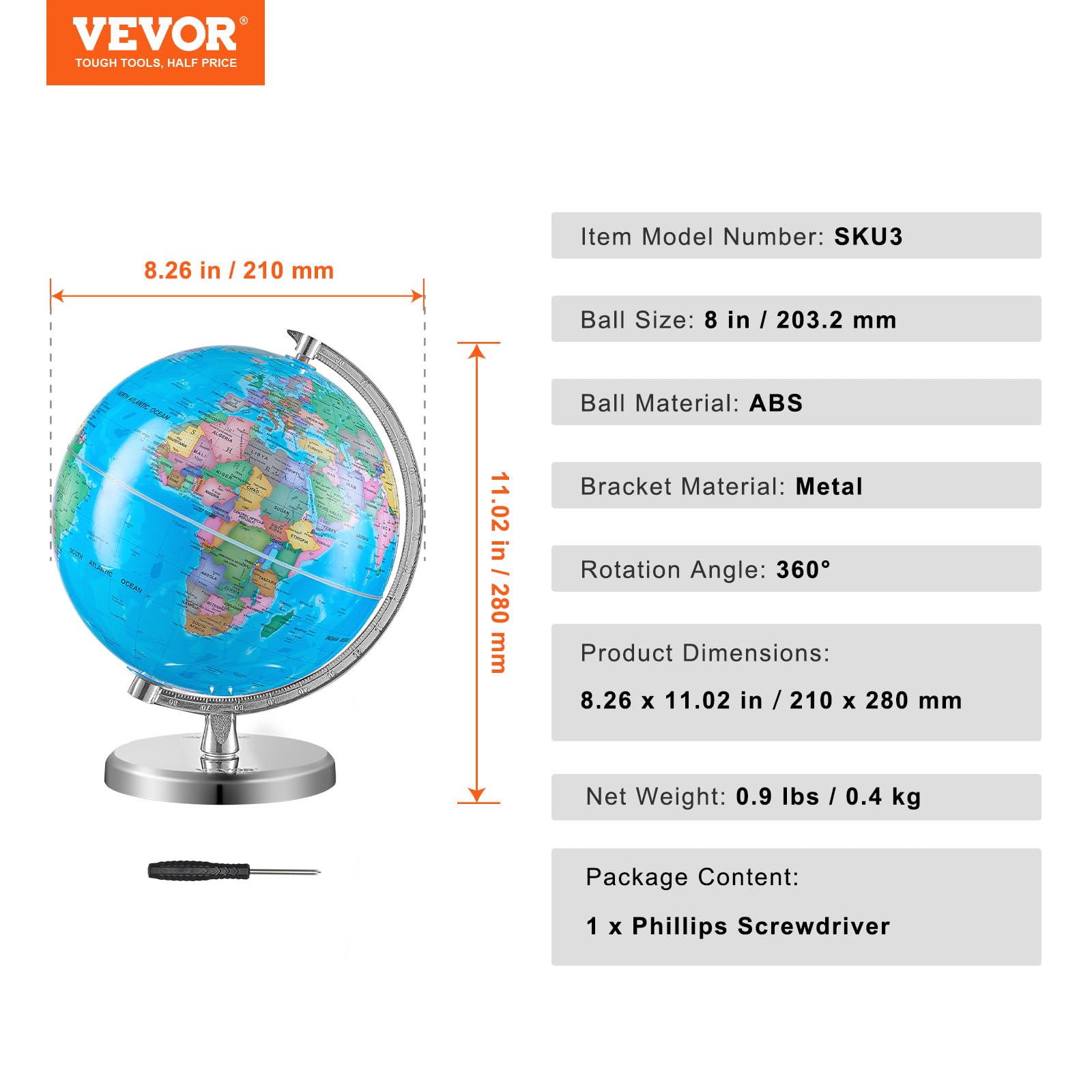 Foto 7 | Globo Terráqueo Giratorio Educativo Vevor De 8 Pulgadas Con Soporte - Venta Internacional.