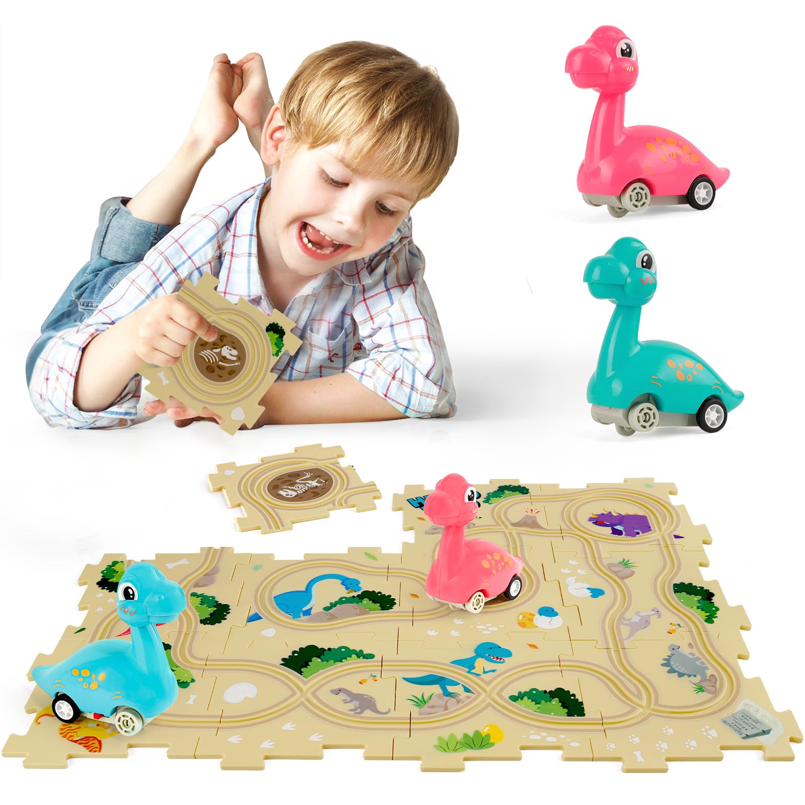 Foto 2 pulgar | Set De Pista Infantil Puzzle Racer, Diseño De Dinosaurio Yooyid, Con 2 Coches - Venta Internacional.