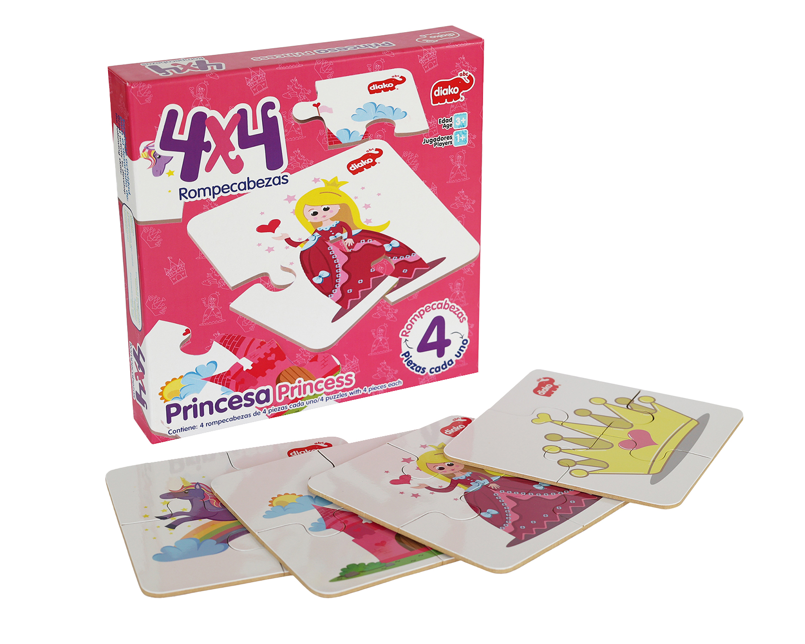 Rompecabezas Didáctico Diako 4x4 Princesas Color Rosa Con 4 Diseños Diferentes