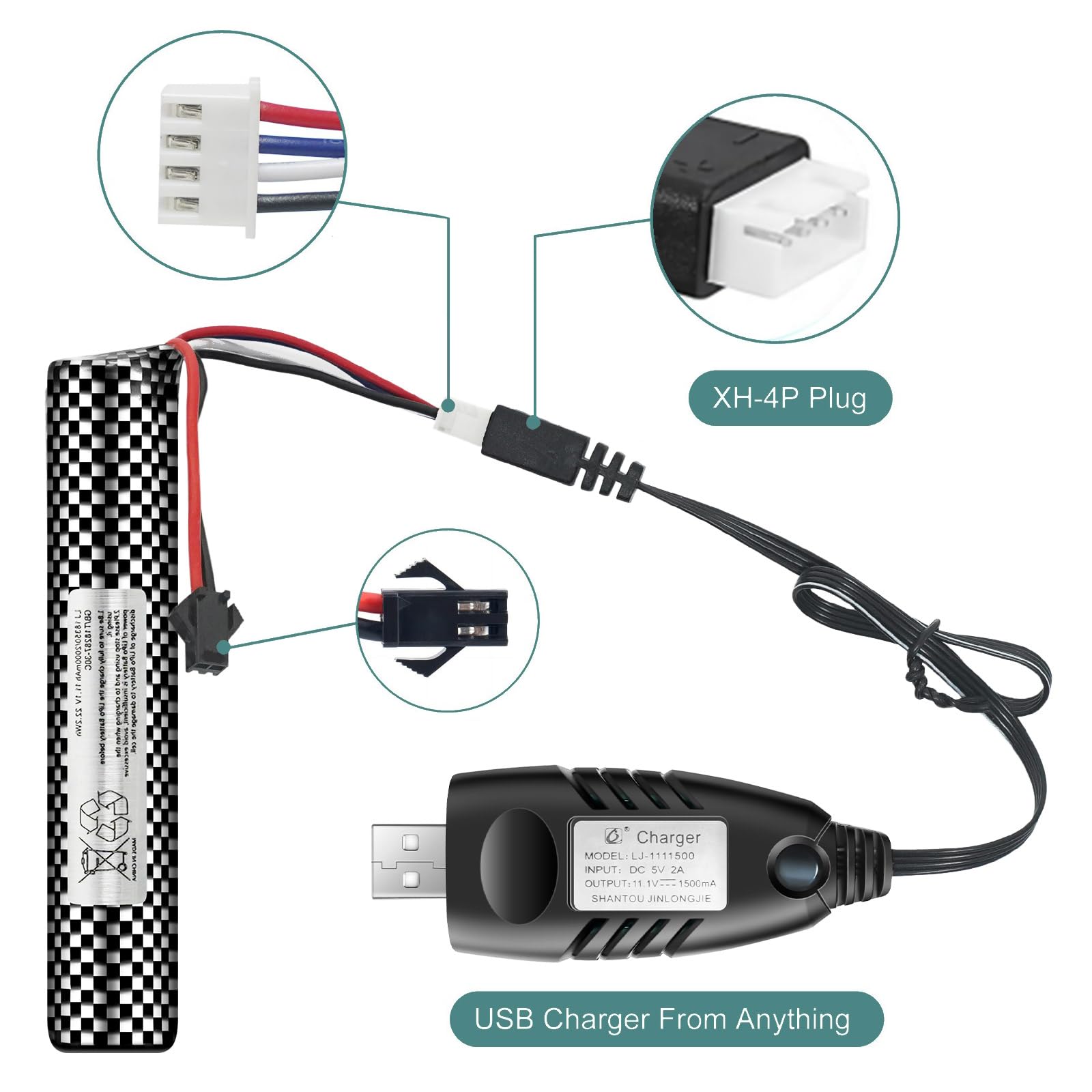 Foto 3 pulgar | Batería Airsoft De 11,1 V, 2000 Mah, Conector Sm2p Con Cargador Usb - Venta Internacional.