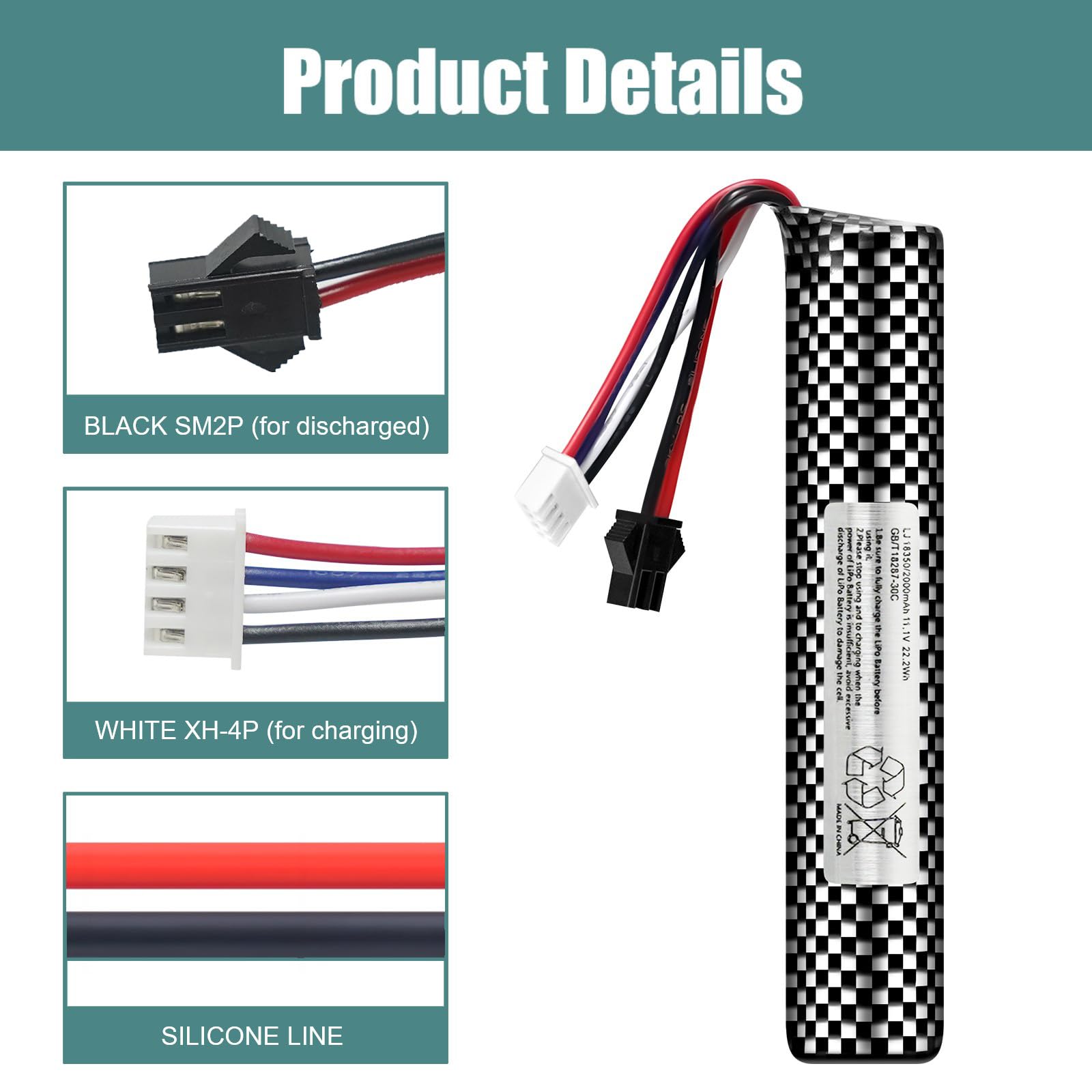 Foto 4 pulgar | Batería Airsoft De 11,1 V, 2000 Mah, Conector Sm2p Con Cargador Usb - Venta Internacional.
