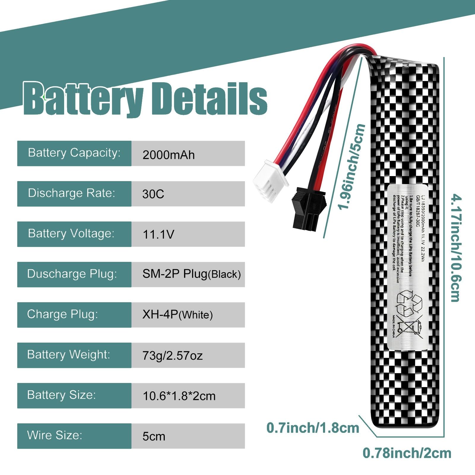Foto 5 pulgar | Batería Airsoft De 11,1 V, 2000 Mah, Conector Sm2p Con Cargador Usb - Venta Internacional.