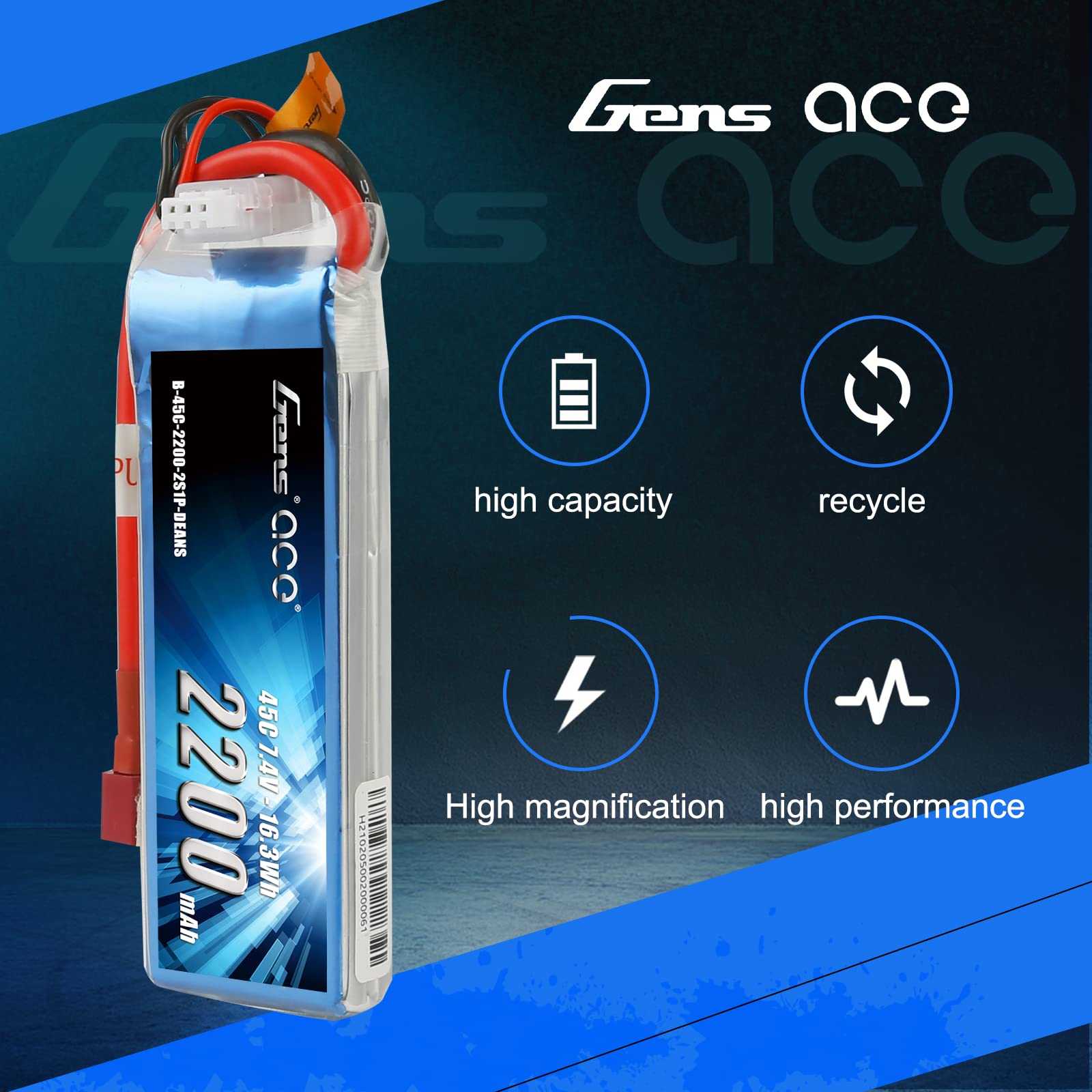 Foto 5 pulgar | Batería Lipo Gens Ace De 7 4 V  2200 Mah  2 S  45 V  Con Conector Dean - Venta Internacional.