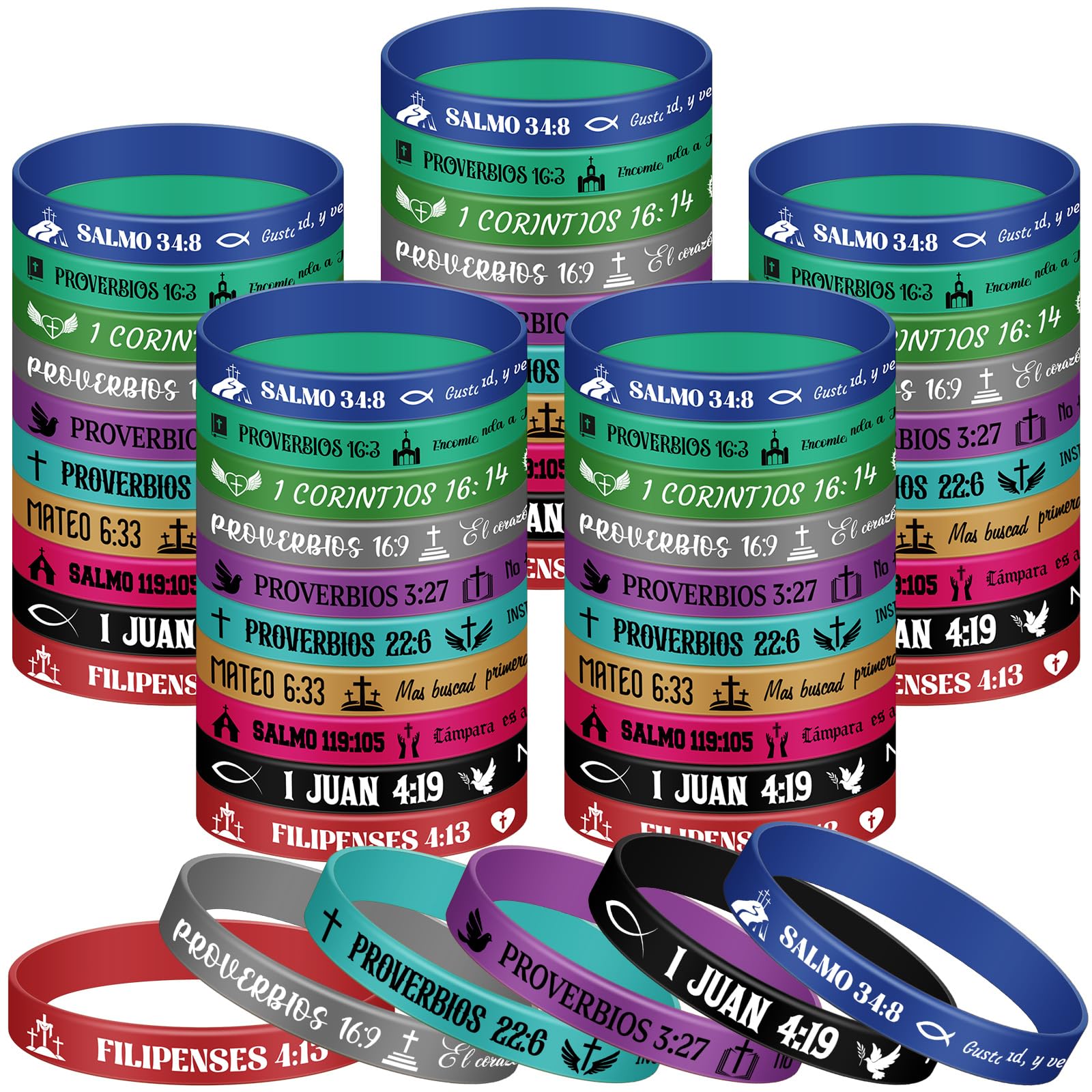 Pulseras de Goma Skylety con Versículos Bíblicos en Español 120 Piezas - Venta Internacional