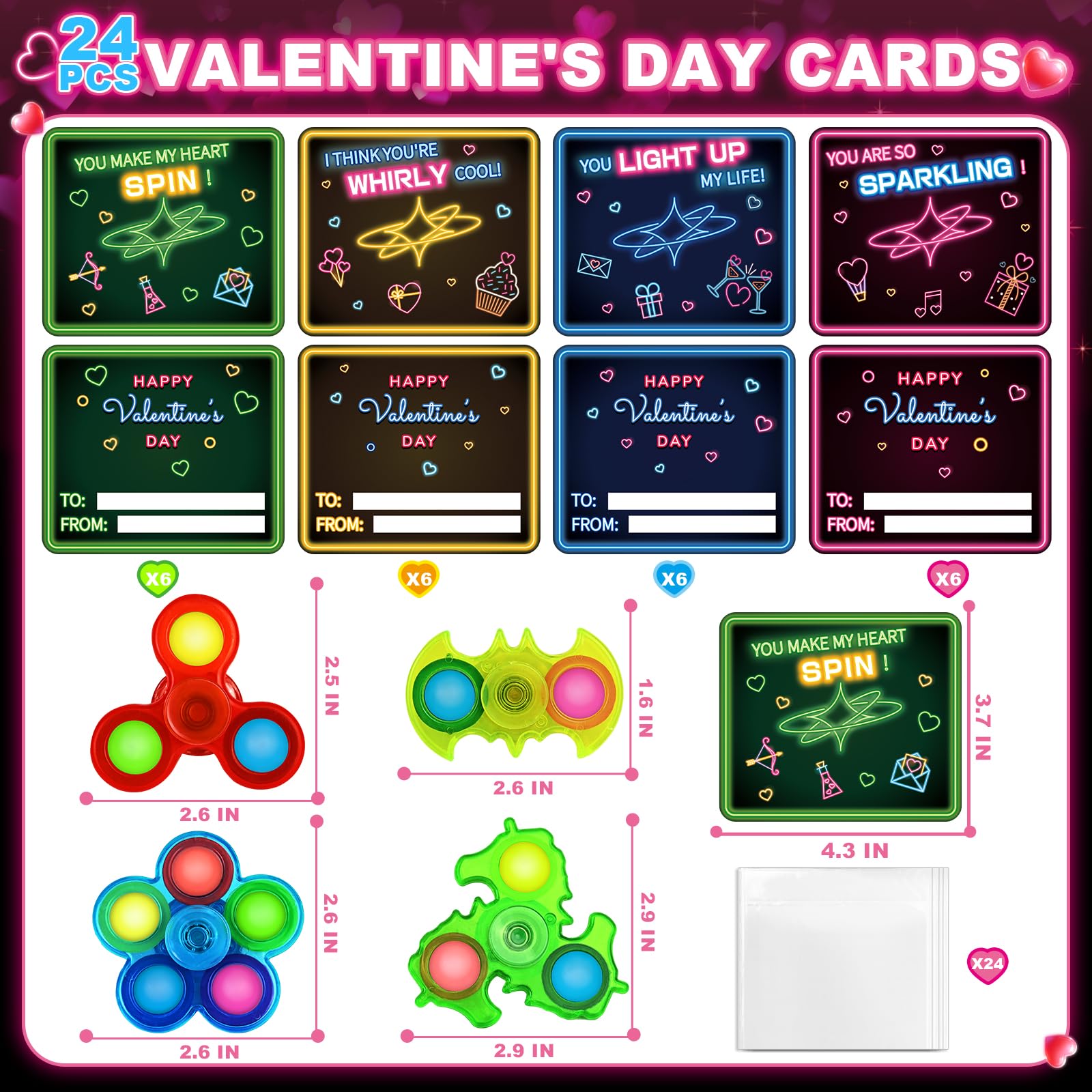 Foto 3 pulgar | Fidget Spinners Aurotops Light Up, Paquete De 24 Tarjetas De San Valentín - Venta Internacional.