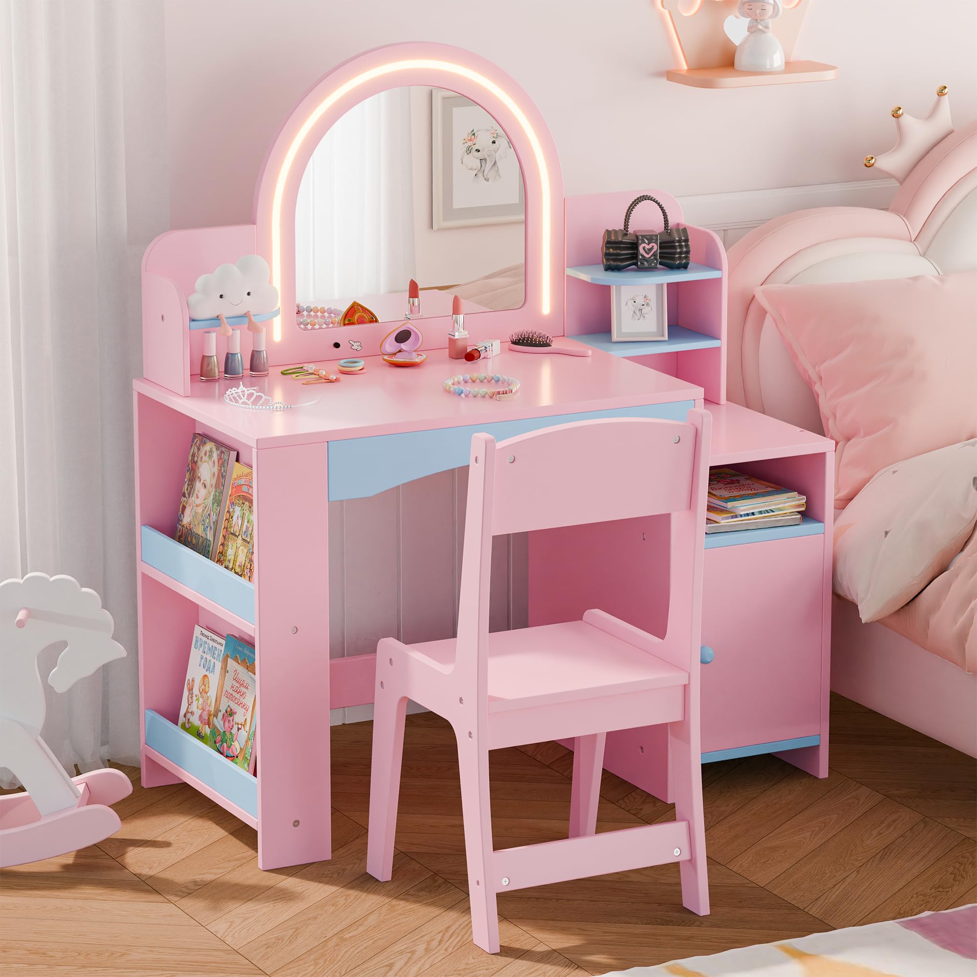 Foto 1 | Set De Tocador Mu Kids Princess Con Espejo Iluminado Y Almacenamiento Azul - Venta Internacional.