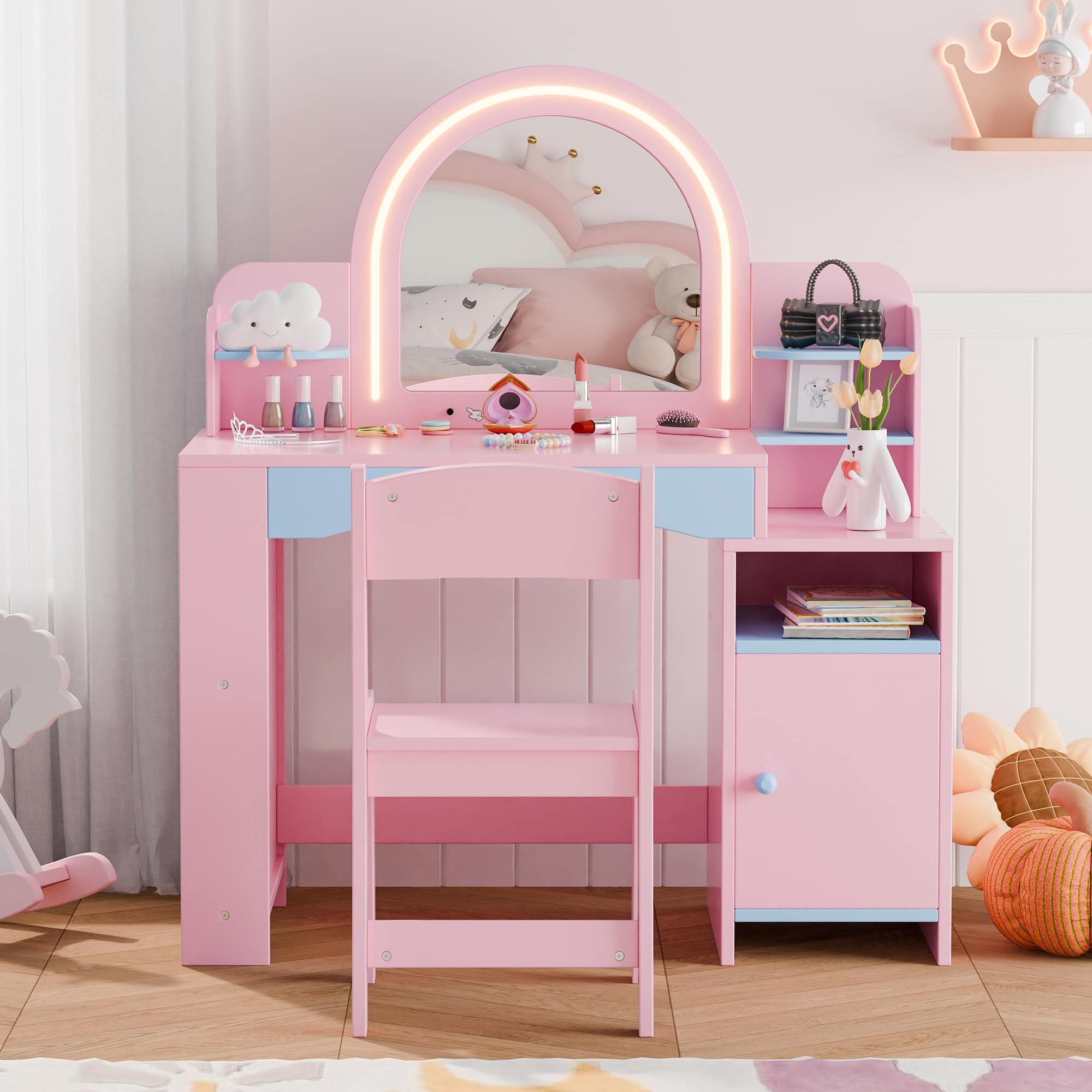 Foto 3 | Set De Tocador Mu Kids Princess Con Espejo Iluminado Y Almacenamiento Azul - Venta Internacional.