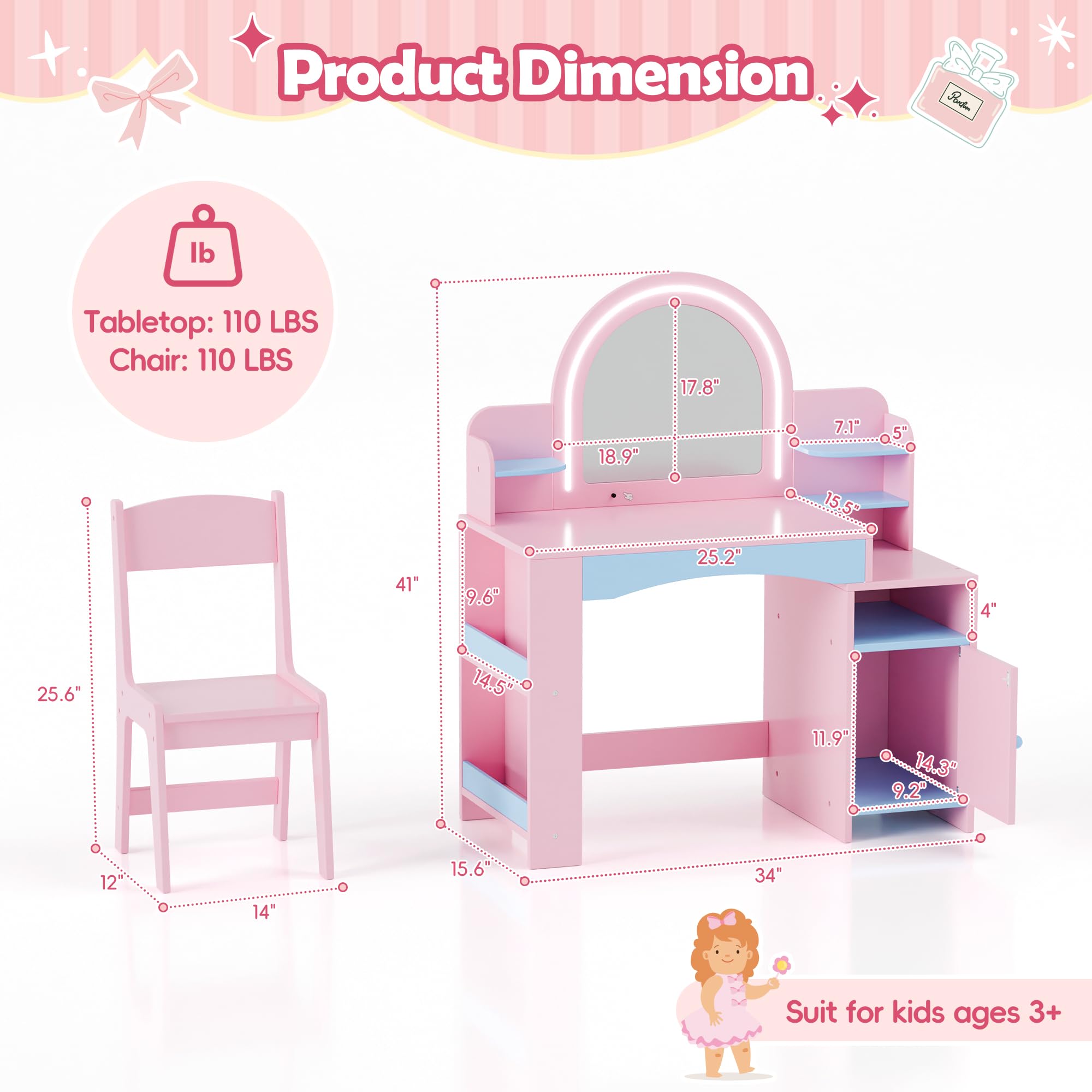 Foto 7 | Set De Tocador Mu Kids Princess Con Espejo Iluminado Y Almacenamiento Azul - Venta Internacional.
