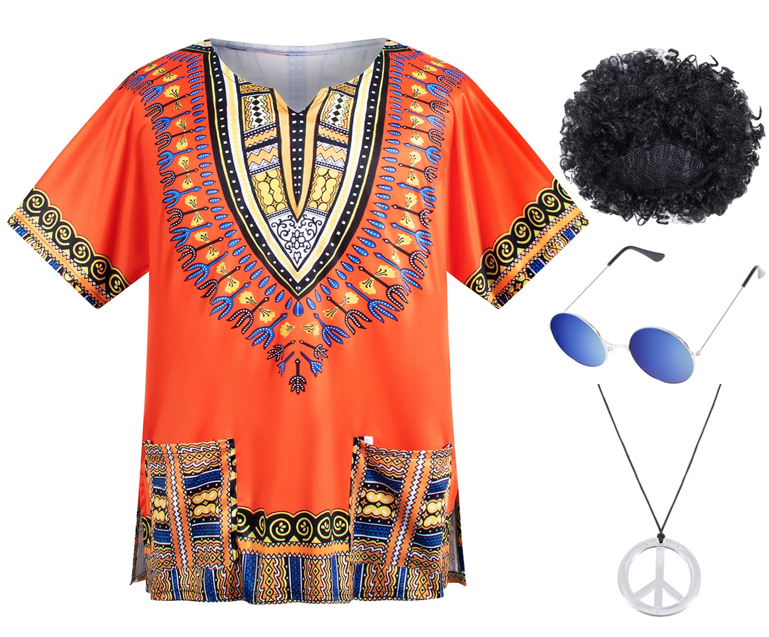 Set De Disfraz Hippie De Los Años 60 Y 70 Para Hombre, Camiseta Afro, Peluca, Talla Xl - Venta Internacional.