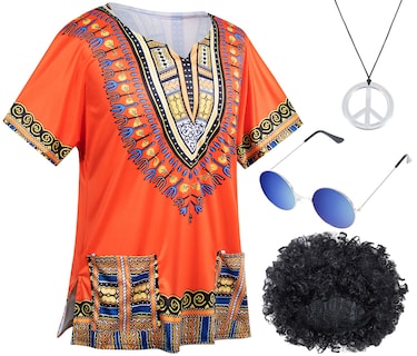 Foto 3 | Set De Disfraz Hippie De Los Años 60 Y 70 Para Hombre, Camiseta Afro Wig Naranja L - Venta Internacional.