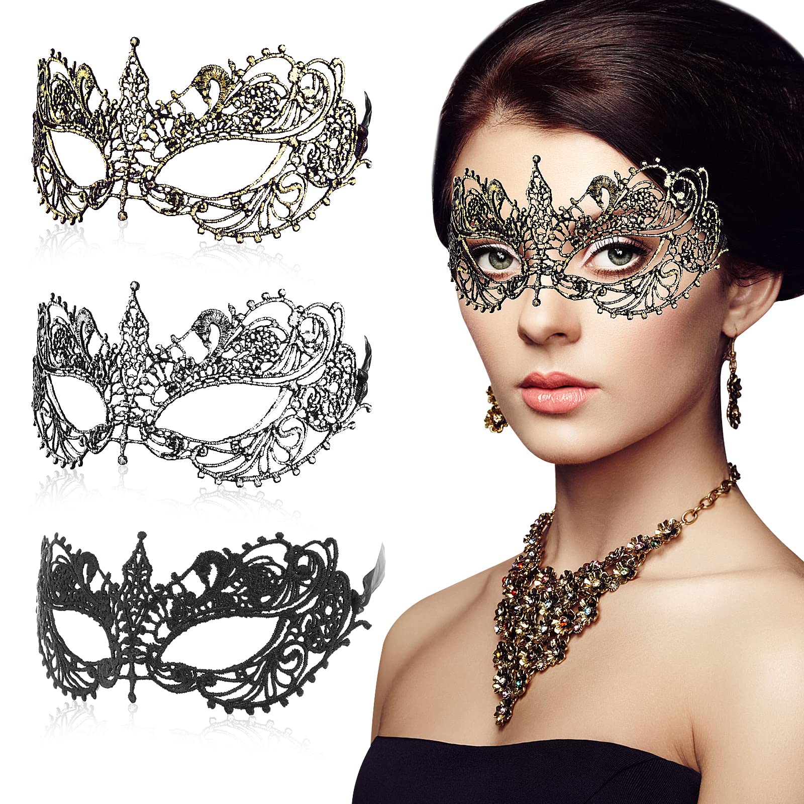 Máscaras De Mascarada Sibba De Encaje Veneciano De 3 Piezas Para Mujer - Venta Internacional.