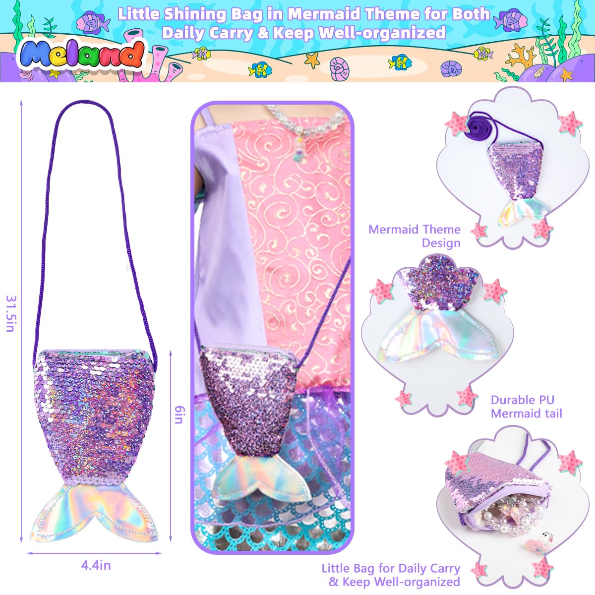 Foto 4 pulgar | Vestido de Sirena Meland para Niñas con Bolso de Princesa de 3 a 8 Años - Venta Internacional