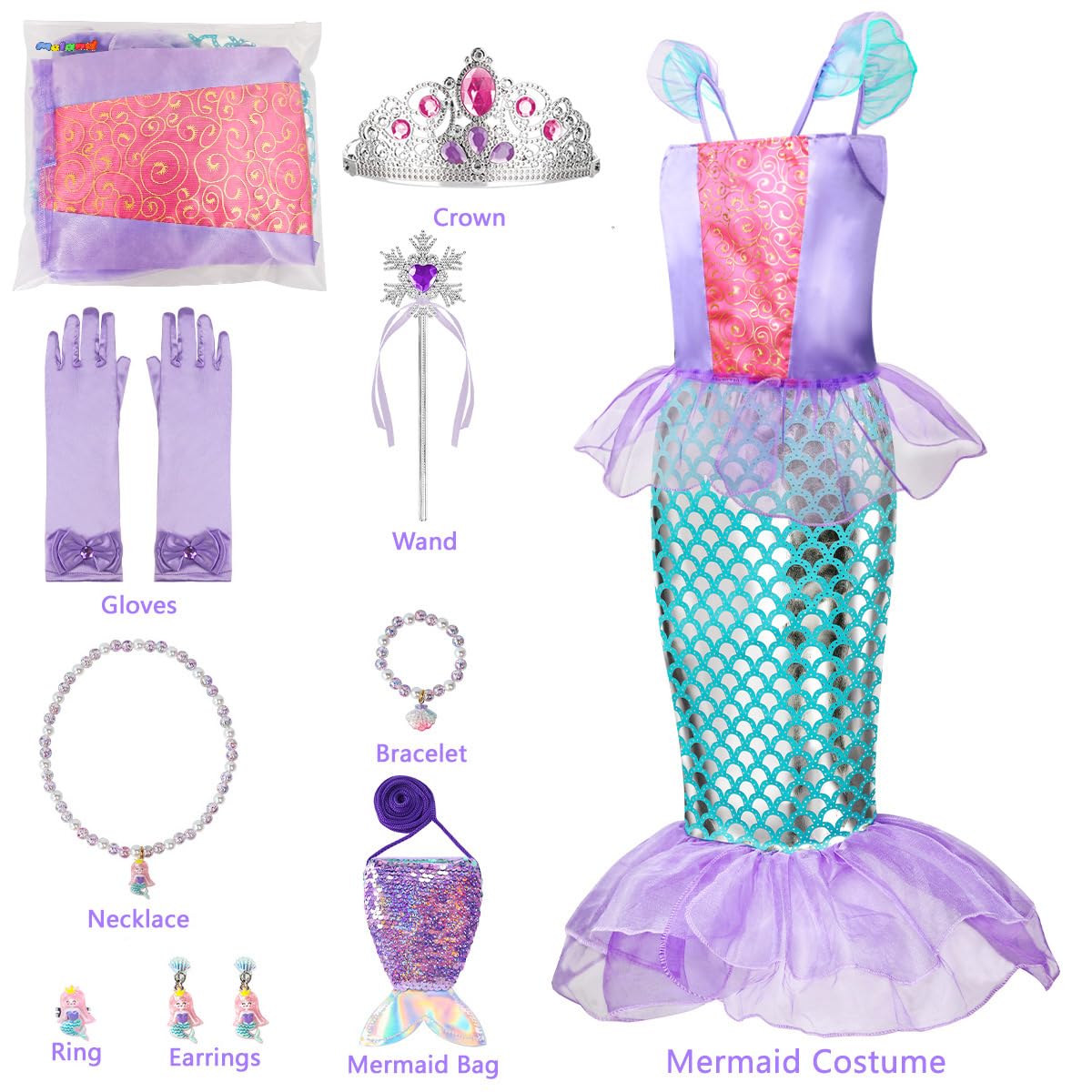 Foto 5 pulgar | Vestido de Sirena Meland para Niñas con Bolso de Princesa de 3 a 8 Años - Venta Internacional