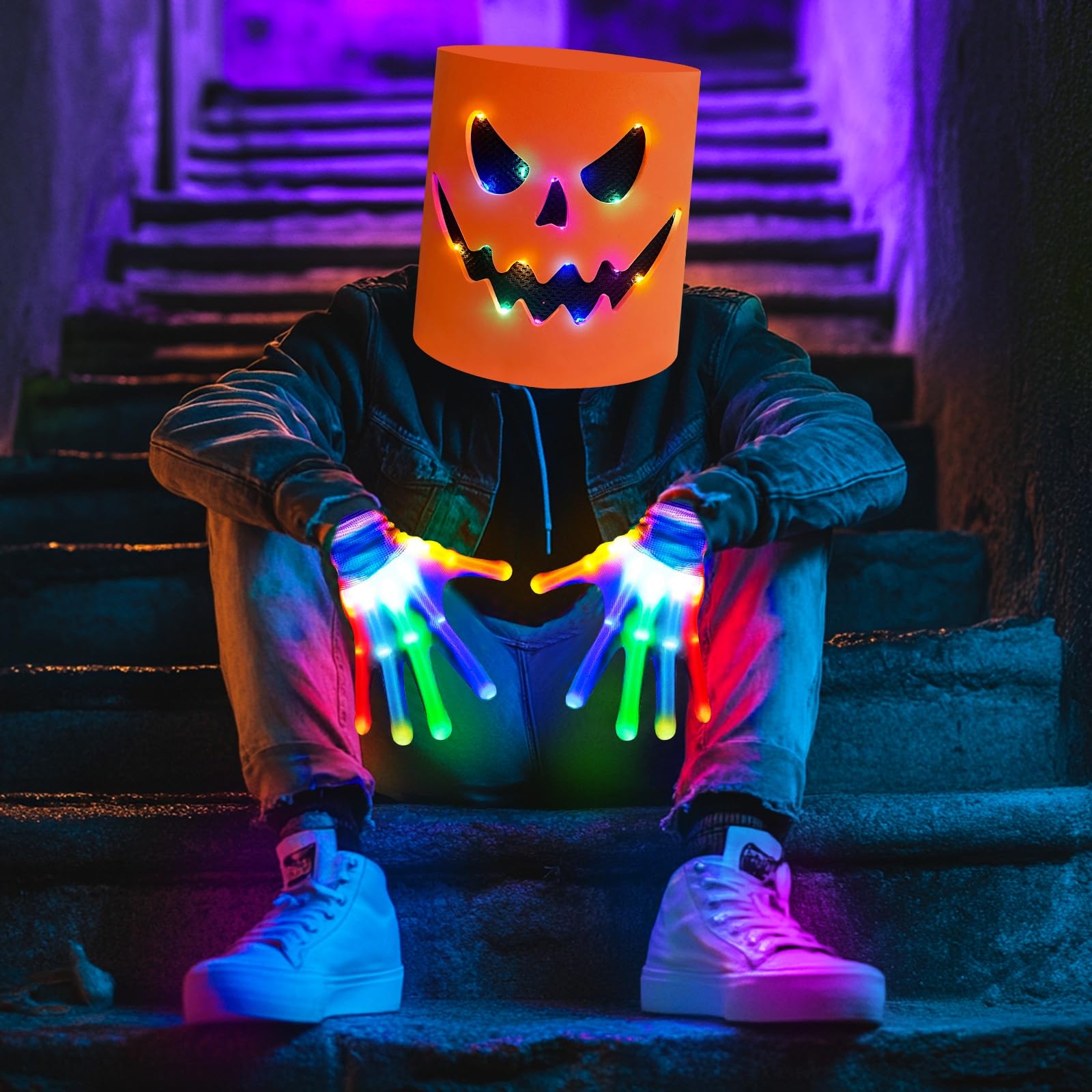 Foto 3 pulgar | Disfraz De Halloween Con Forma De Cabeza De Calabaza Led Y Guantes Iluminados - Venta Internacional.