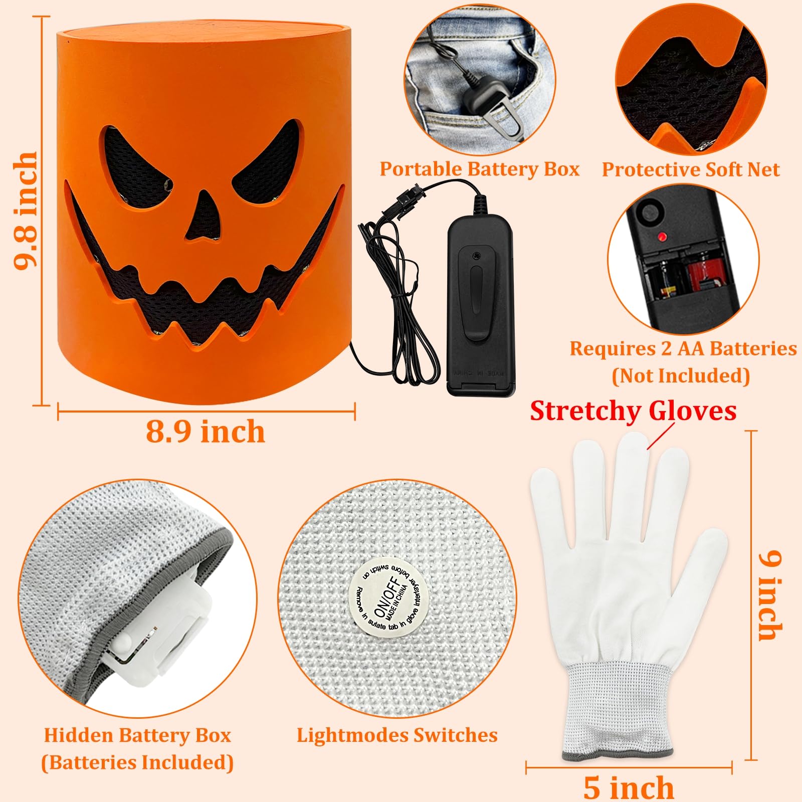 Foto 5 pulgar | Disfraz De Halloween Con Forma De Cabeza De Calabaza Led Y Guantes Iluminados - Venta Internacional.