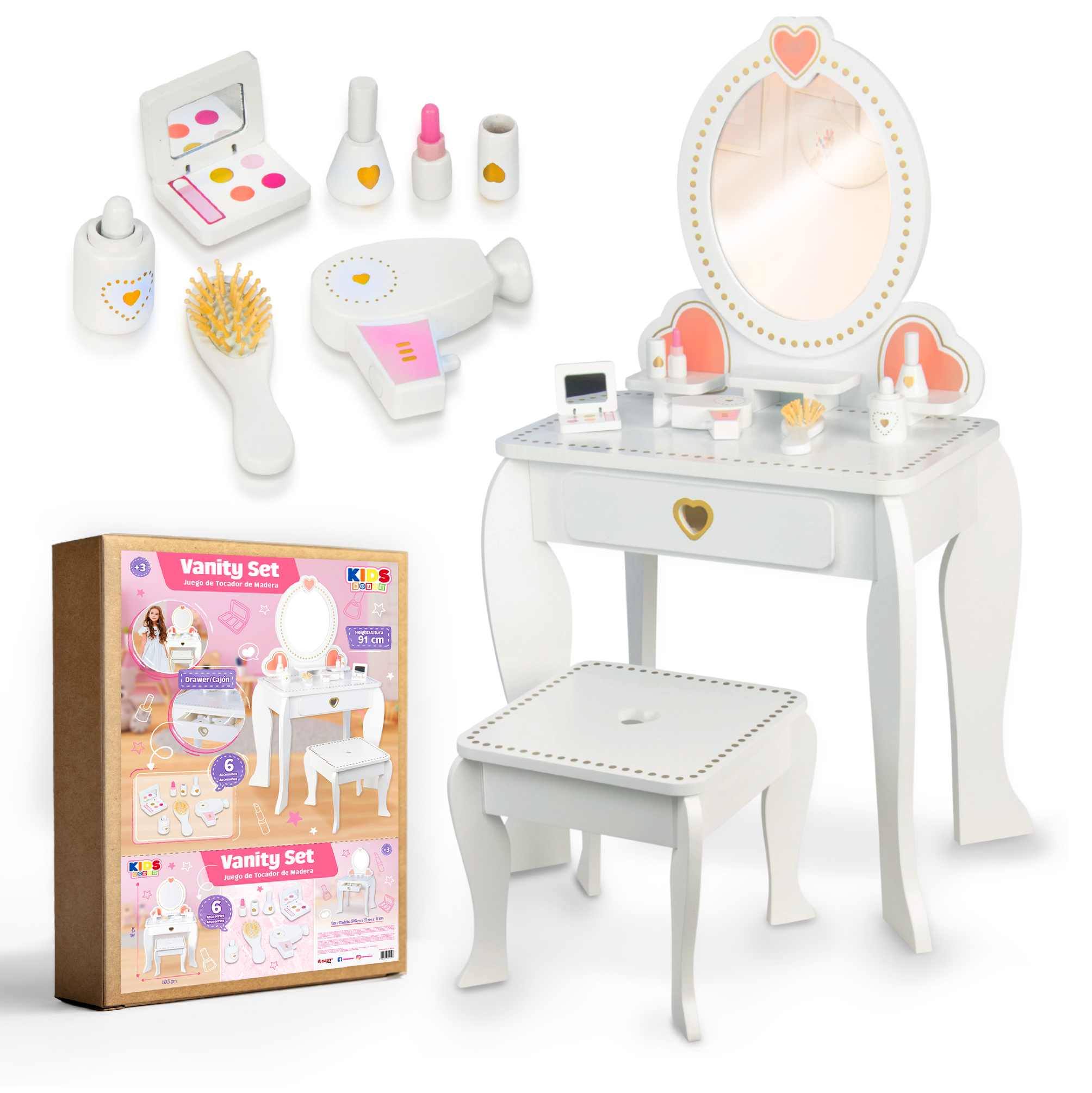 Juego de Tocador de Kids House Salón de Belleza para Niñas Tocador con Espejo Banco y Accesorios de Madera