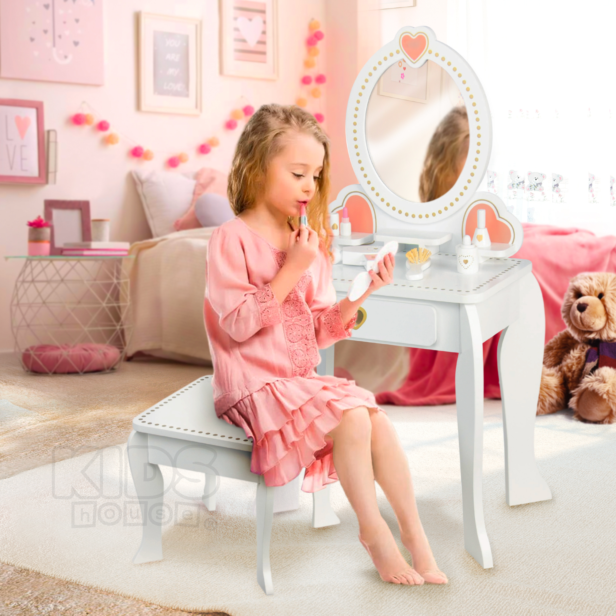 Foto 5 | Juego de Tocador de Kids House Salón de Belleza para Niñas Tocador con Espejo Banco y Accesorios de Madera