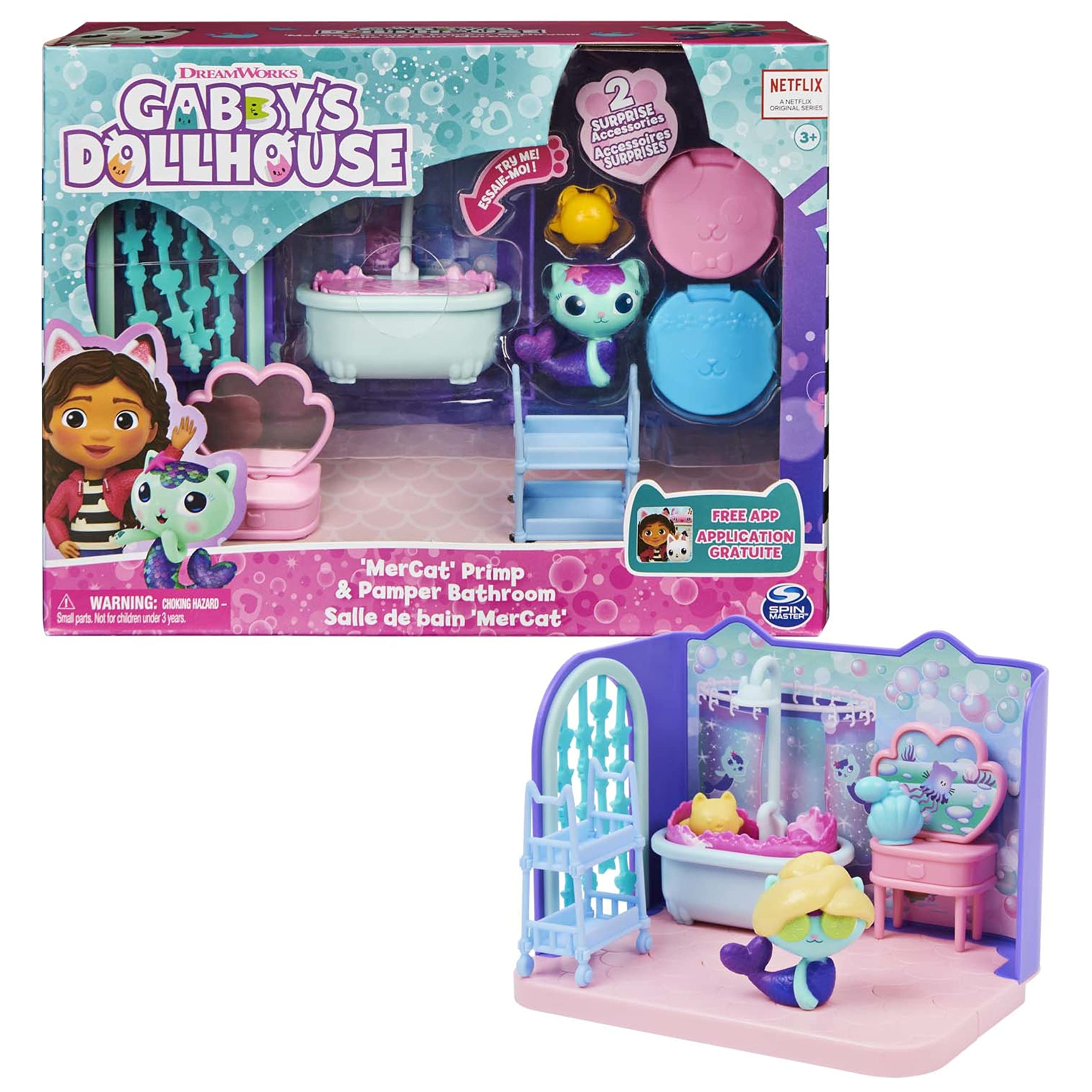 Gabby's Dollhouse, Primp And Pamper Bathroom Con Figura De Mercat, 3 Accesorios, 3 Muebles Y 2 Entre - Venta Internac