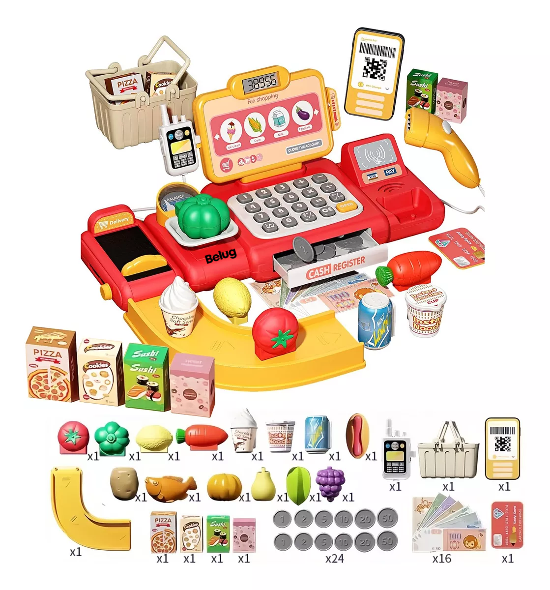 Foto 1 | Caja Registradora De Juguete Súper Mercado Infantil, 63 Pizas. Rojo