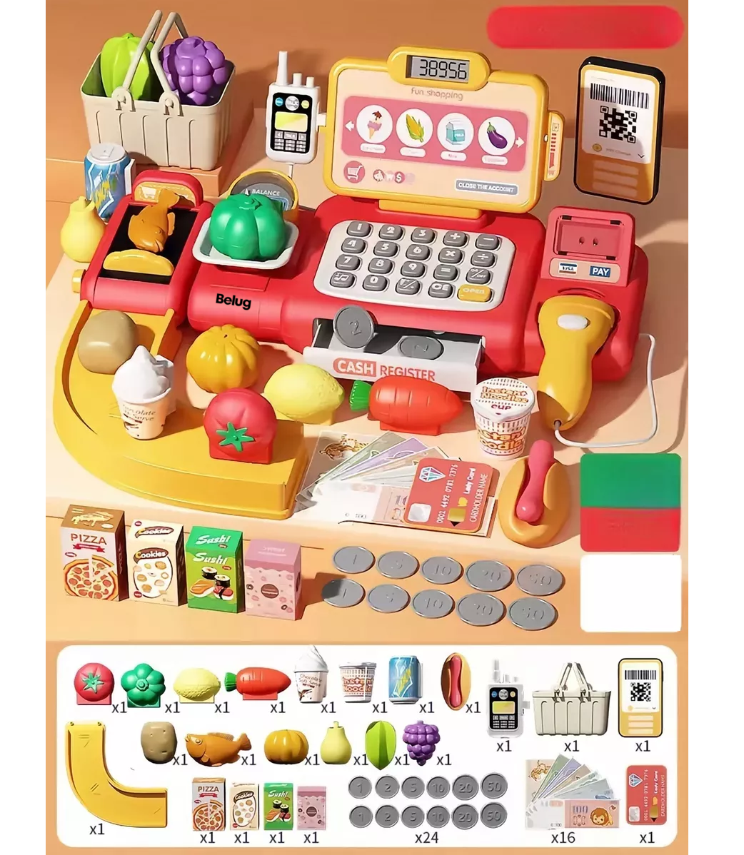 Foto 4 pulgar | Caja Registradora De Juguete Súper Mercado Infantil, 63 Pizas. Rojo