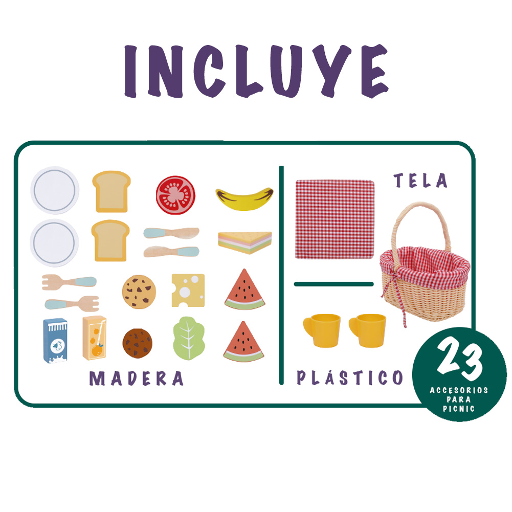 Foto 3 | Picnic De Juguete Para Niños Con Accesorios De Madera Juguete Juego De Imitación Mágicamente