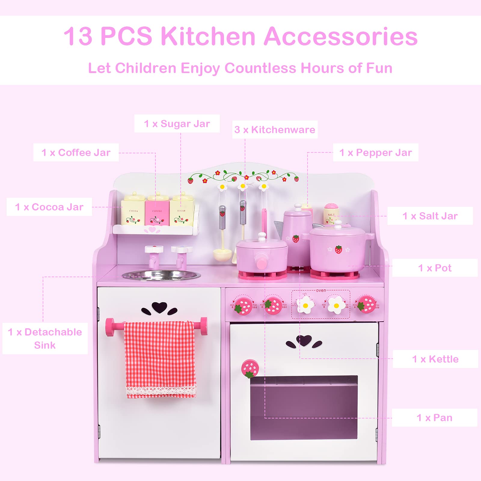 Foto 5 pulgar | Juego de Cocina Costzon Wooden Pink Strawberry con 13 Piezas - Venta Internacional