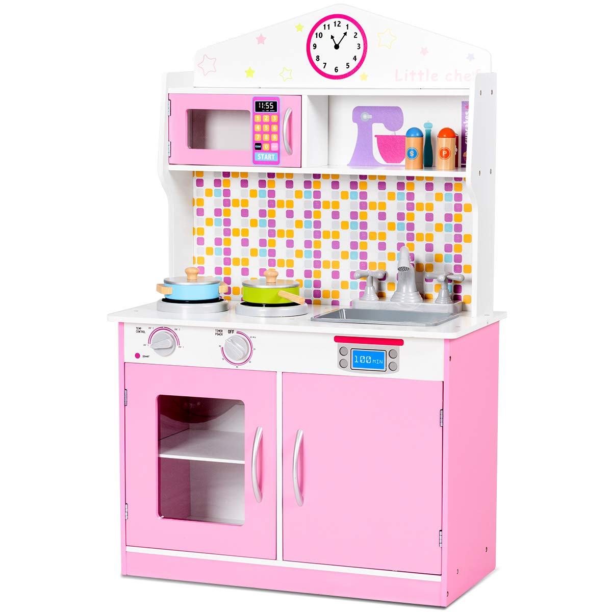 Juego de Cocina de Madera Costzon Kids con Diseño de Chef y Sonido Rosa $5,067