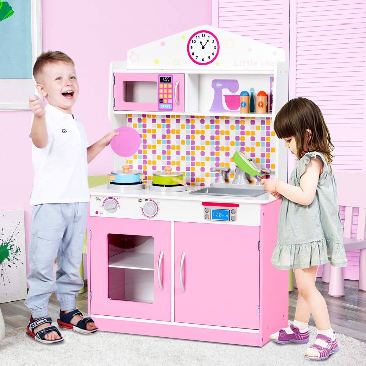 Foto 4 pulgar | Juego de Cocina de Madera Costzon Kids con Diseño de Chef y Sonido Rosa