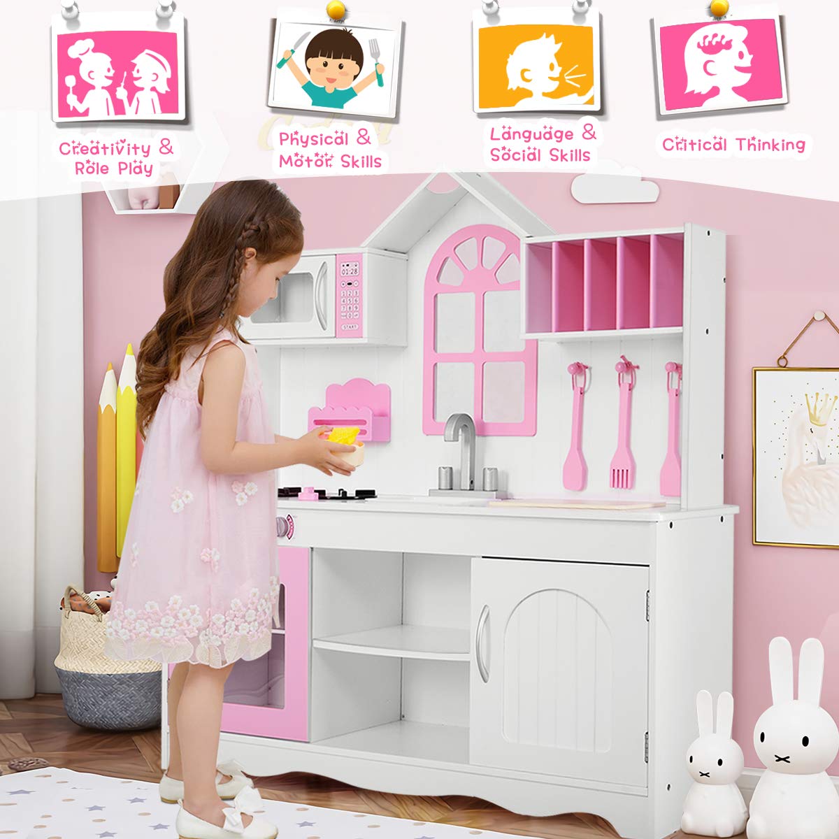 Foto 3 pulgar | Set de Cocina Costzon Kids de Madera Rosa con Sonido - Venta Internacional