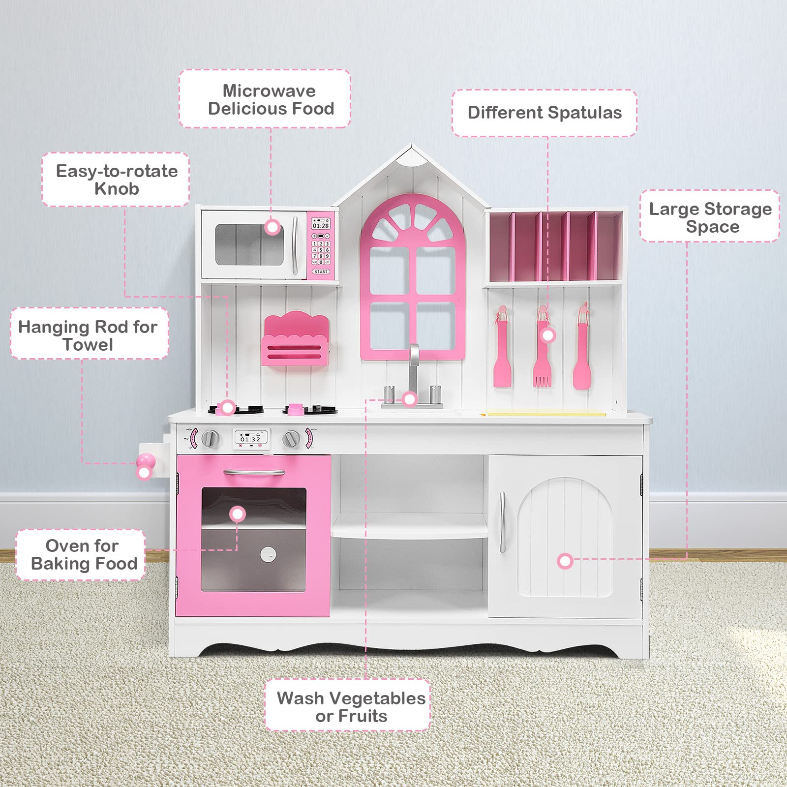 Foto 7 pulgar | Set de Cocina Costzon Kids de Madera Rosa con Sonido - Venta Internacional