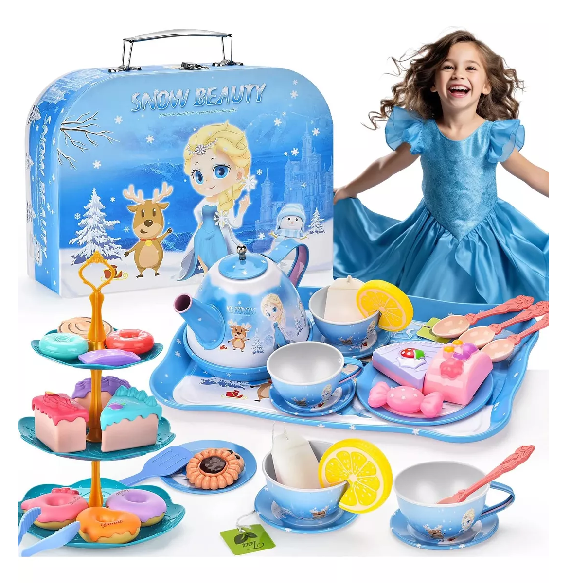 Foto 6 pulgar | Juguete De Cocina Juego De Té Para Niños Con Pastel De Juguete Azul
