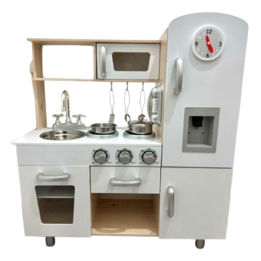 Foto 2 pulgar | Cocina Moderna Infantil de Juguete de Madera Blanco con Beige Reloj