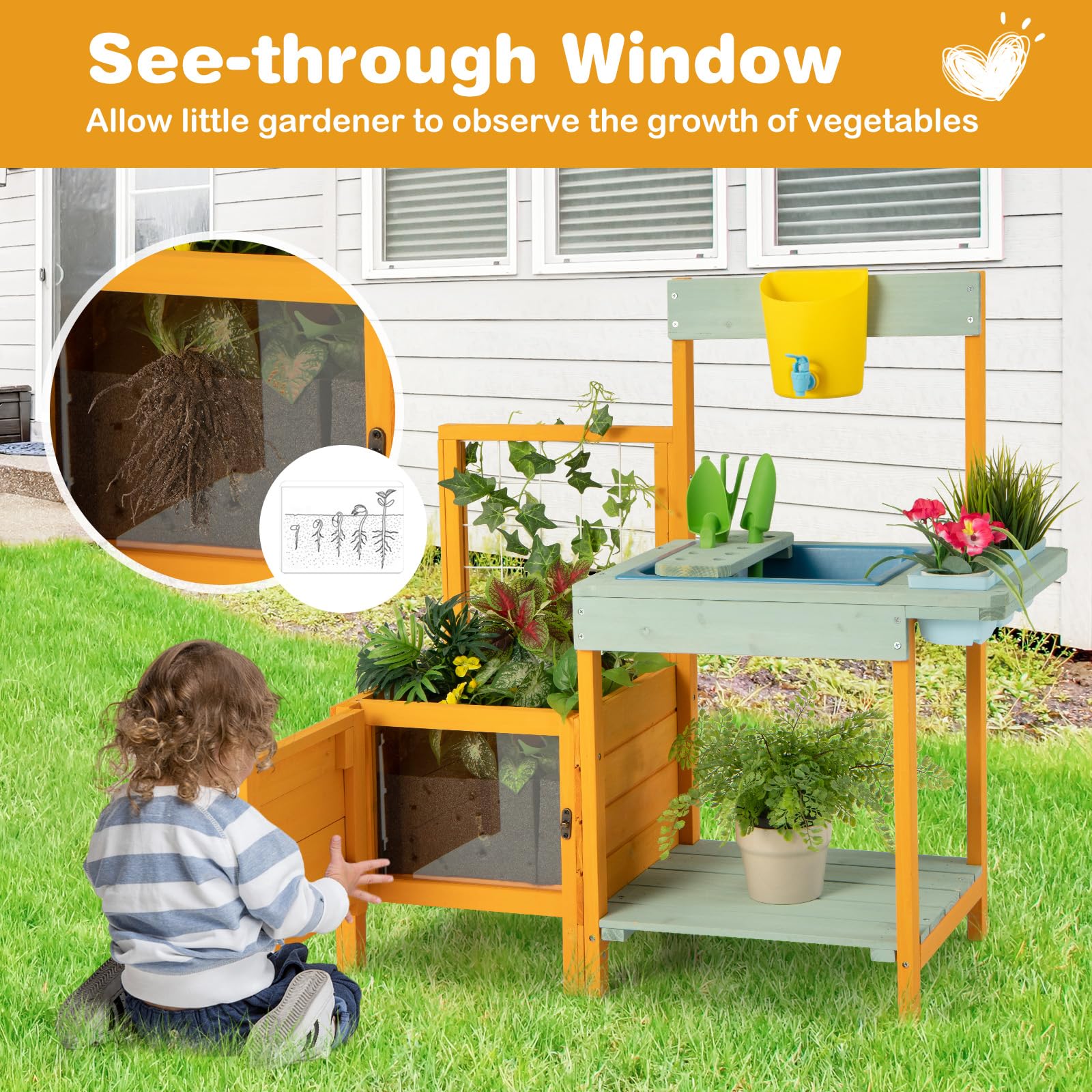 Foto 3 pulgar | Banco Para Macetas Para Niños Costzon De Mud Kitchen Con Cama De Jardín Y Ventana - Venta Internacional.