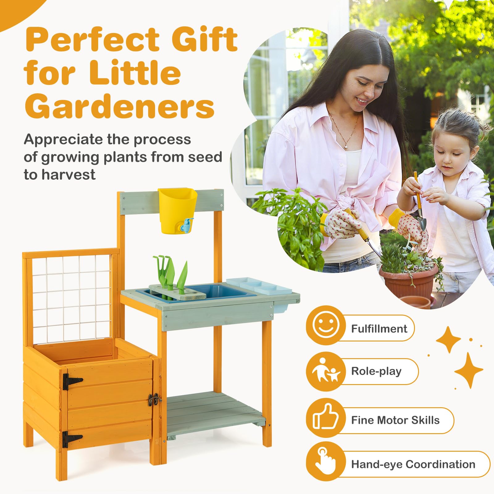 Foto 6 pulgar | Banco Para Macetas Para Niños Costzon De Mud Kitchen Con Cama De Jardín Y Ventana - Venta Internacional.