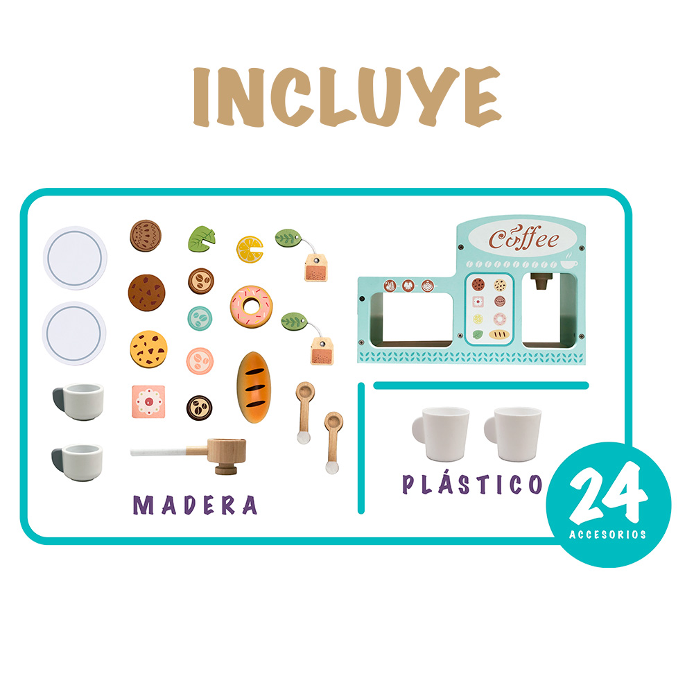 Foto 4 pulgar | Juego De Cafetería De Madera Para Preparar Y Servir Café, Te, Alimentos Y Pastelitos. Cafetera Cocinita Para Niña.