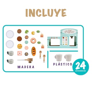 Foto 3 | Juego De Cafetería De Madera Para Preparar Y Servir Café, Te, Alimentos Y Pastelitos. Cafetera Cocinita Para Niña.