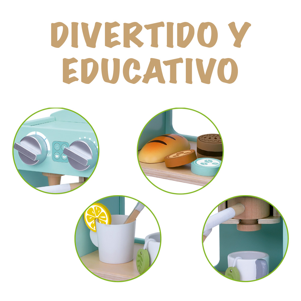Foto 5 | Juego De Cafetería De Madera Para Preparar Y Servir Café, Te, Alimentos Y Pastelitos. Cafetera Cocinita Para Niña.